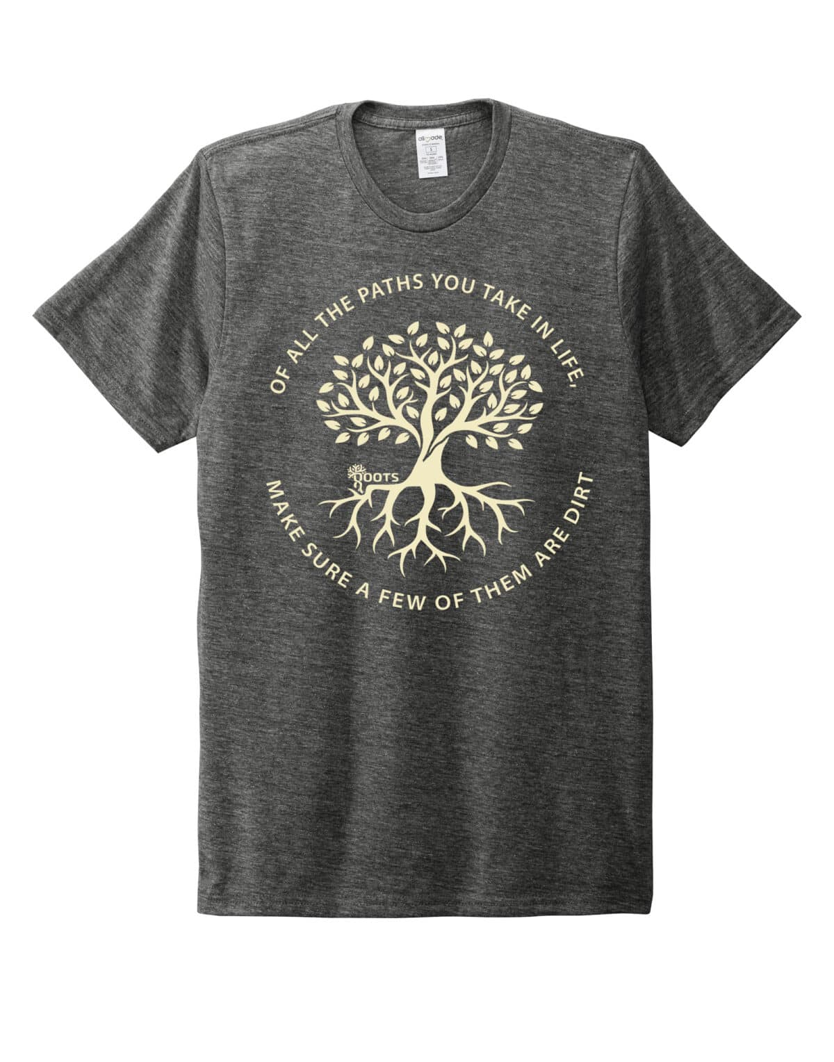 Organic support tee in aluminum grey with tree graphic and inspirational quote.