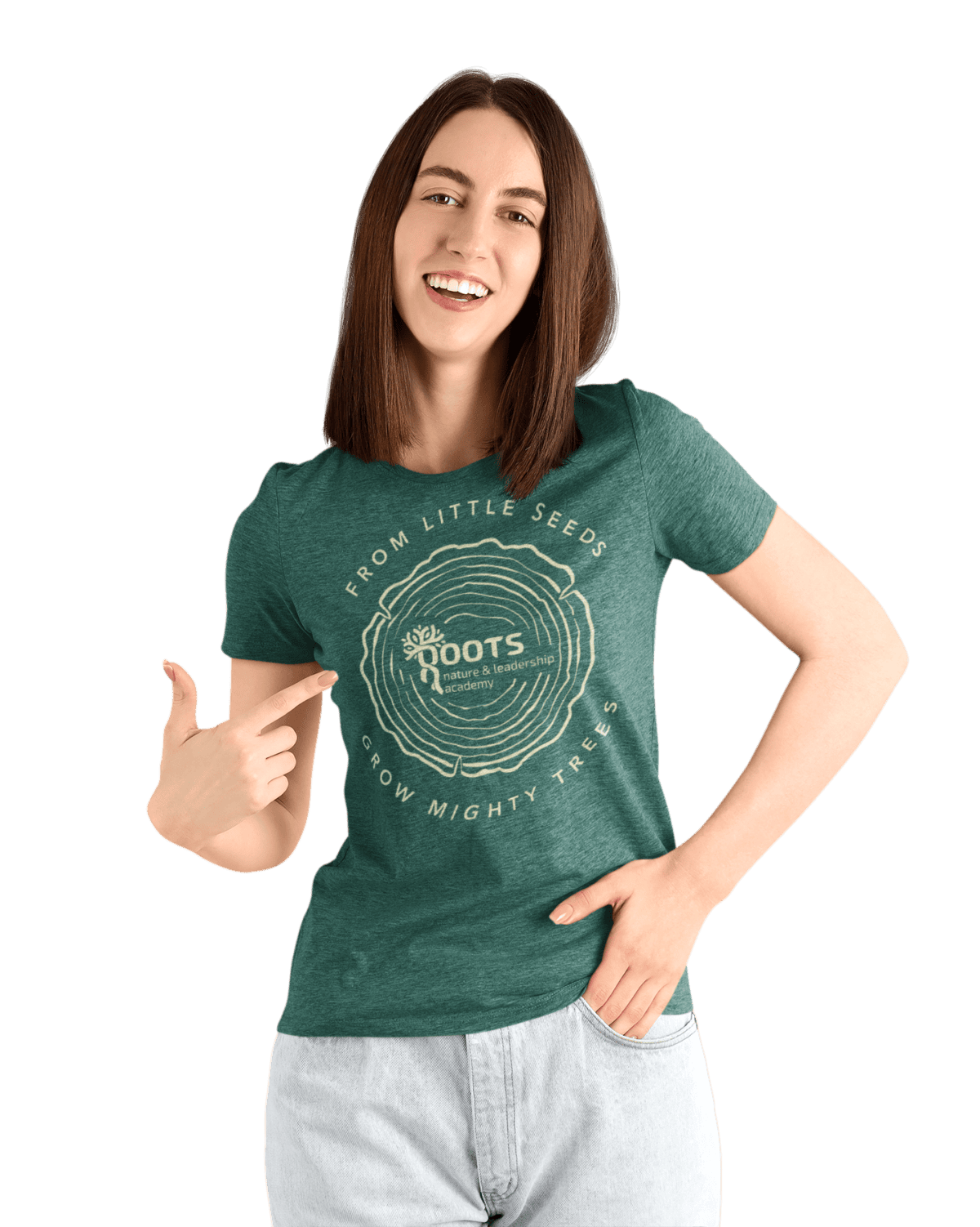 Woman wearing a green 'From Little Seeds Grow Mighty Trees' T-shirt for adults.
