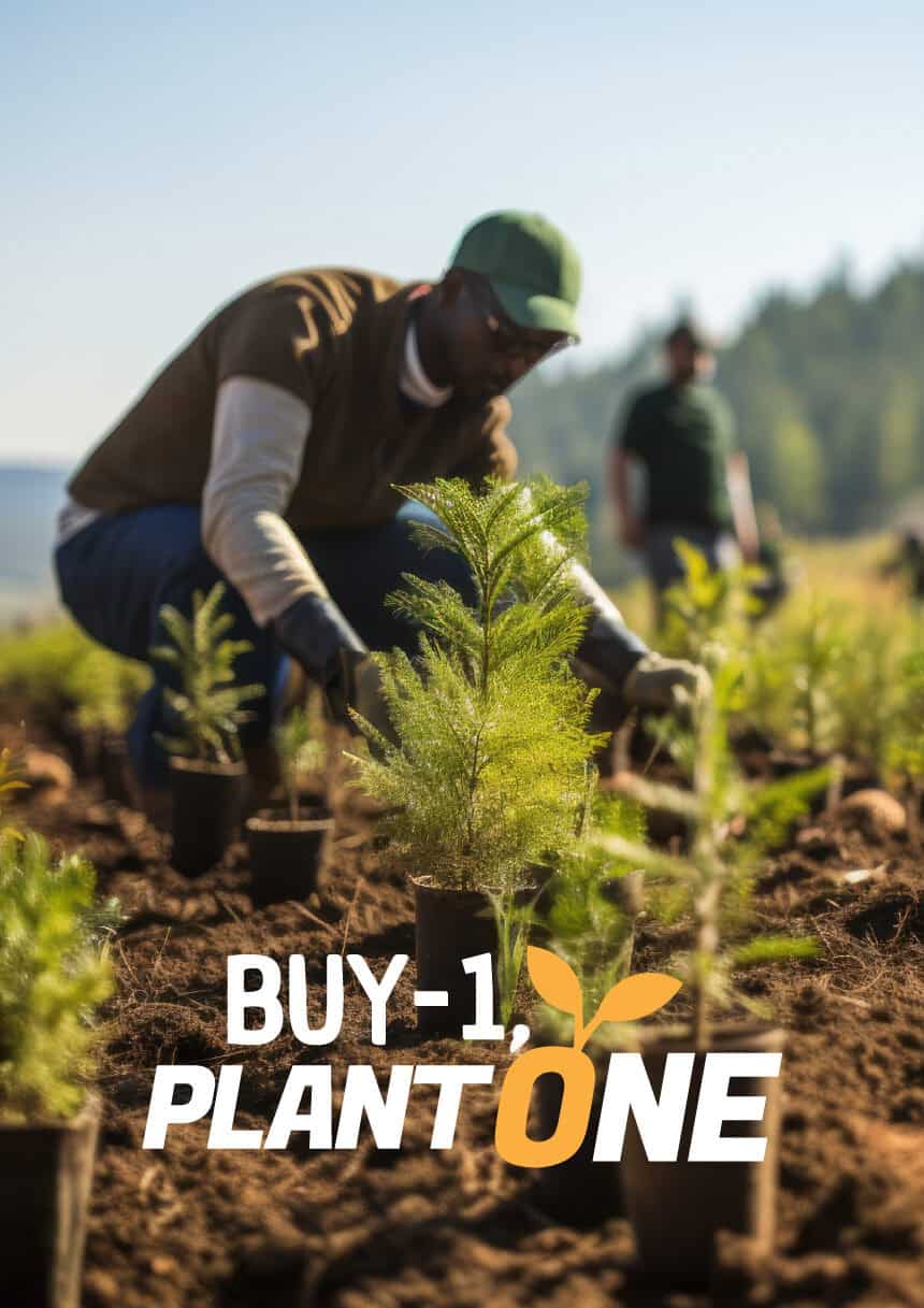 People planting young trees in a field for environmental conservation.