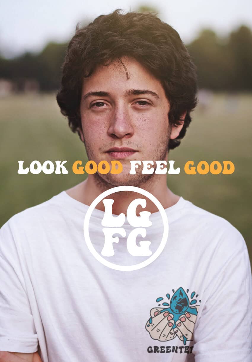 Young man wearing a custom green tee with a logo and message.