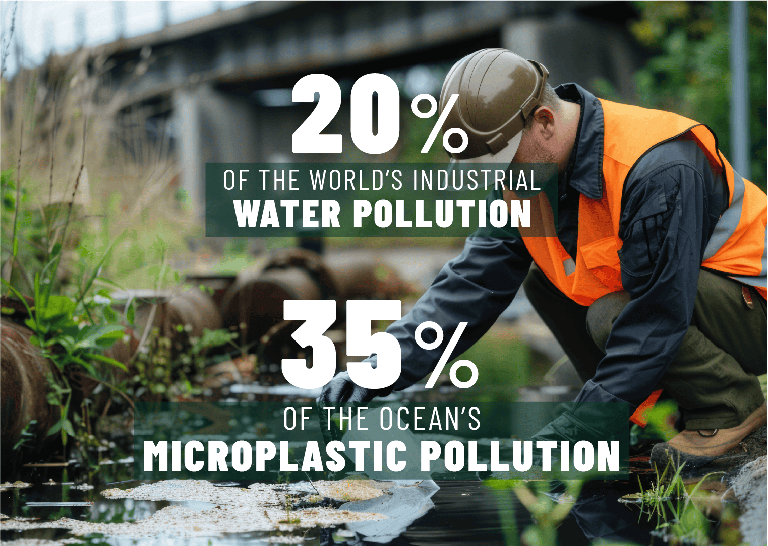 Environmental worker inspecting water pollution with statistics overlay.