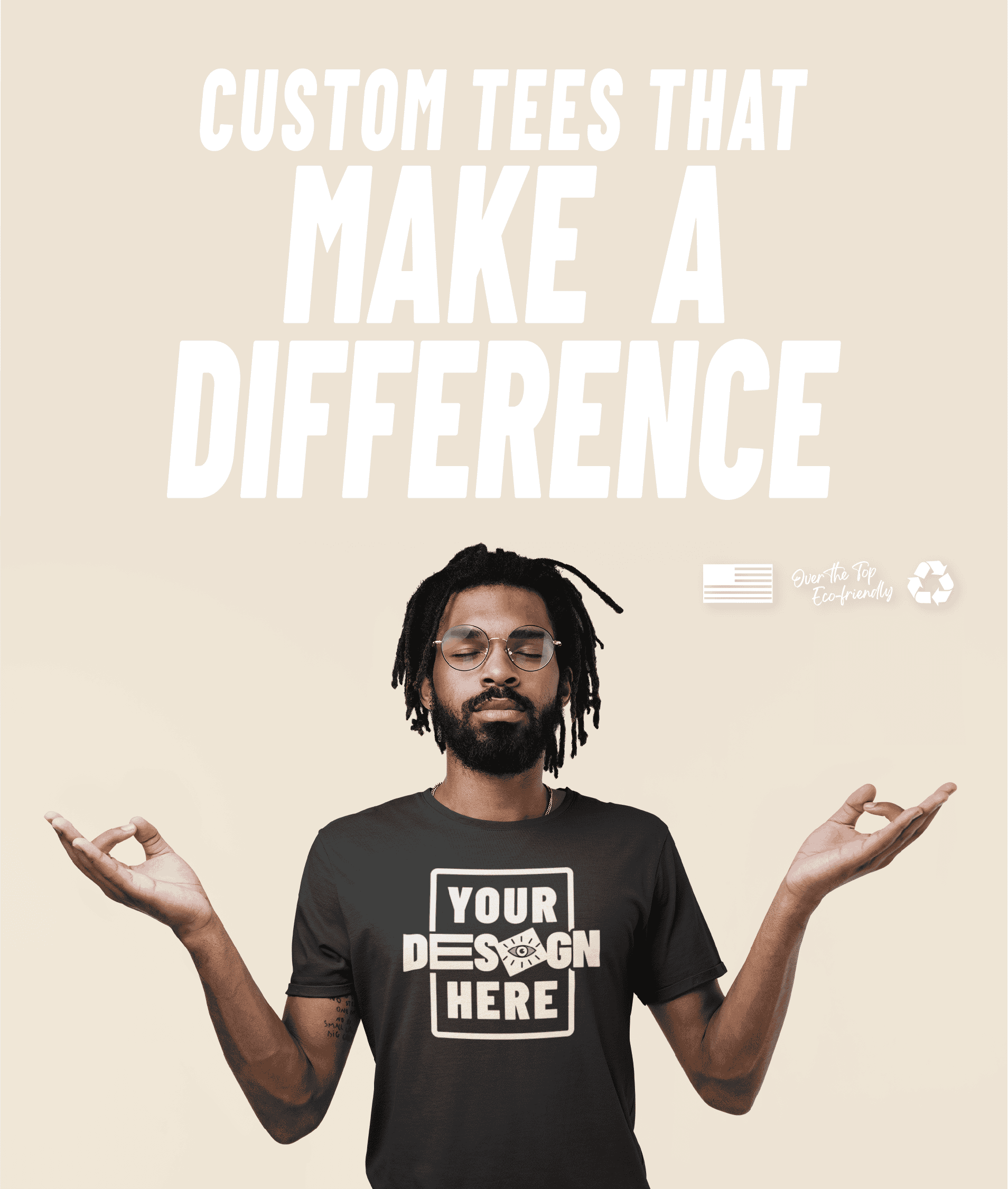 Man wearing a custom green tee with a design, meditating with hands raised.