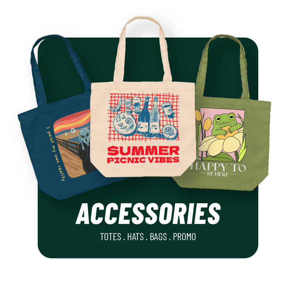 Custom green tote bags with summer and cartoon designs for promotional use.