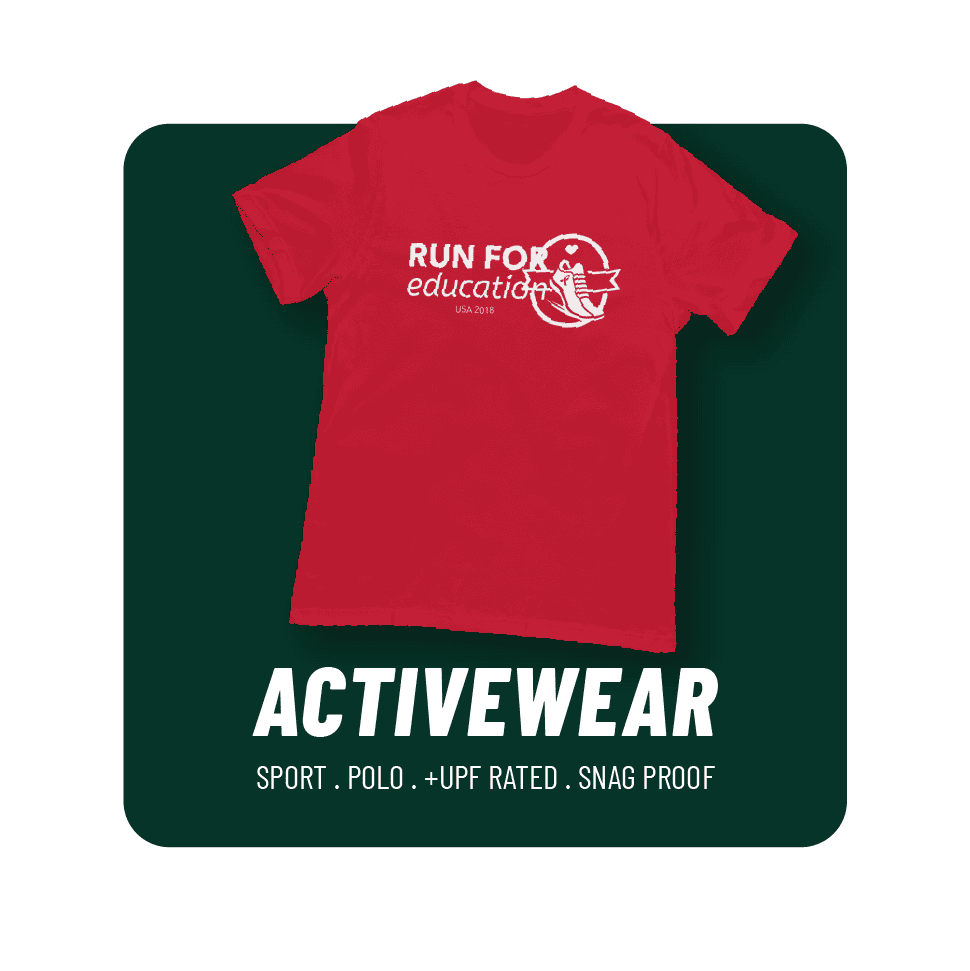 Red activewear T-shirt with 'Run for Education' logo and message.