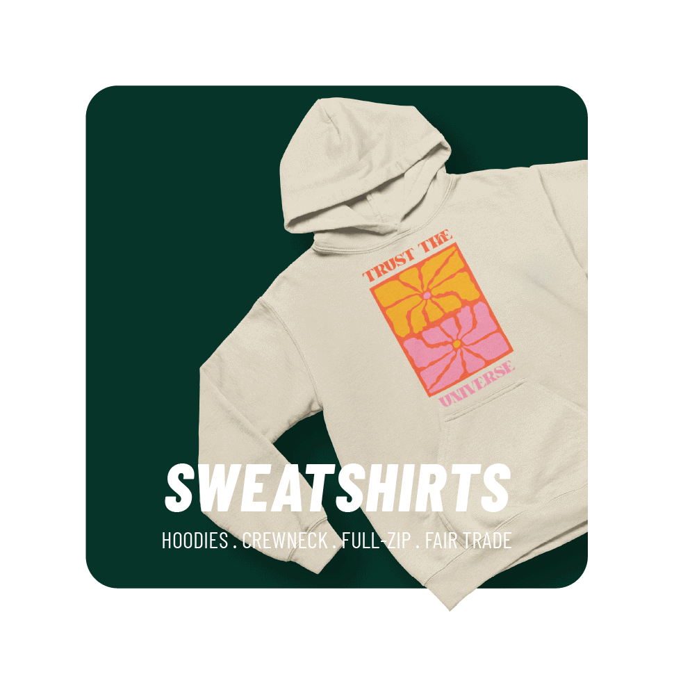 Cream hoodie with colorful graphic and 'Trust the Universe' text on back.