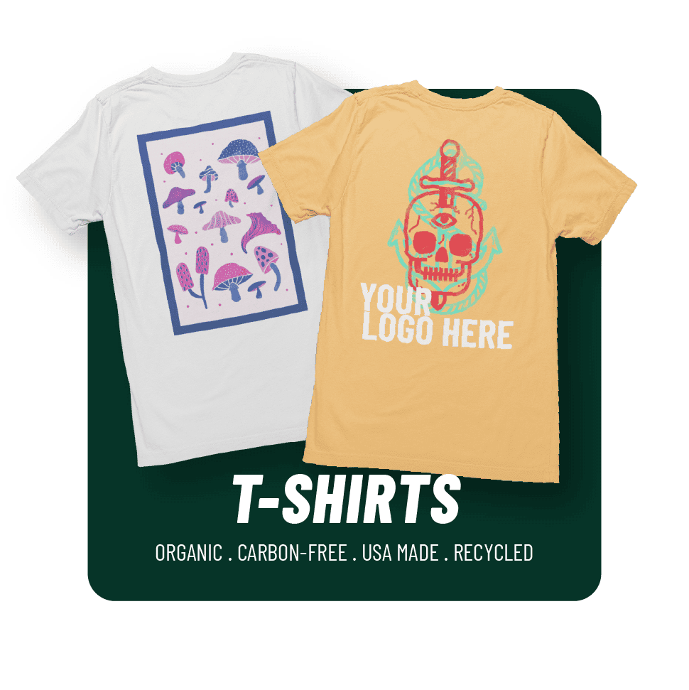 Colorful mushroom and skull graphic T-shirts for eco-friendly fashion.