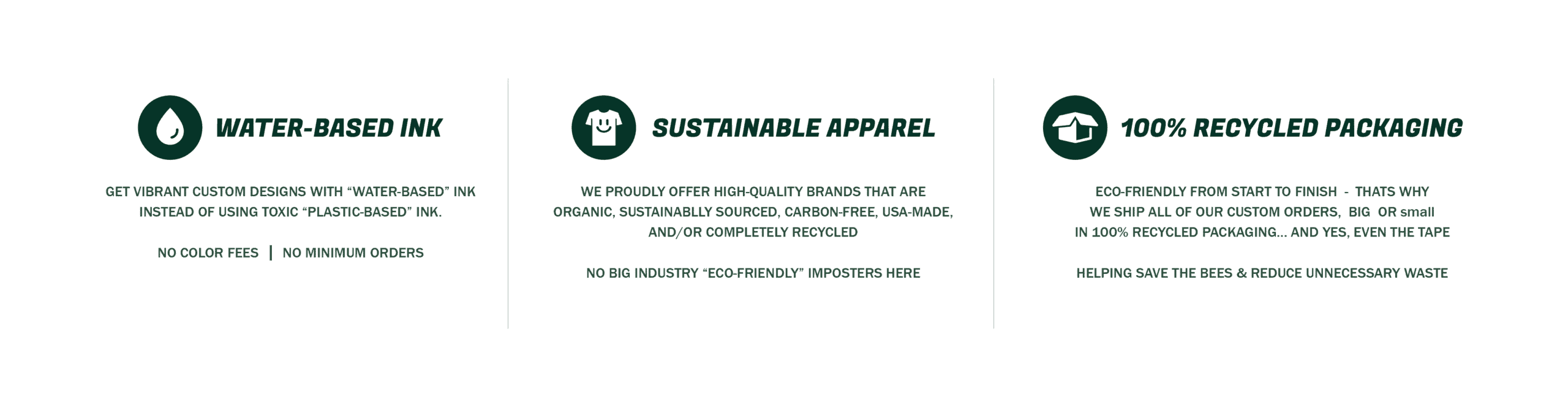 Custom green T-shirts displayed with eco-friendly ink and packaging.