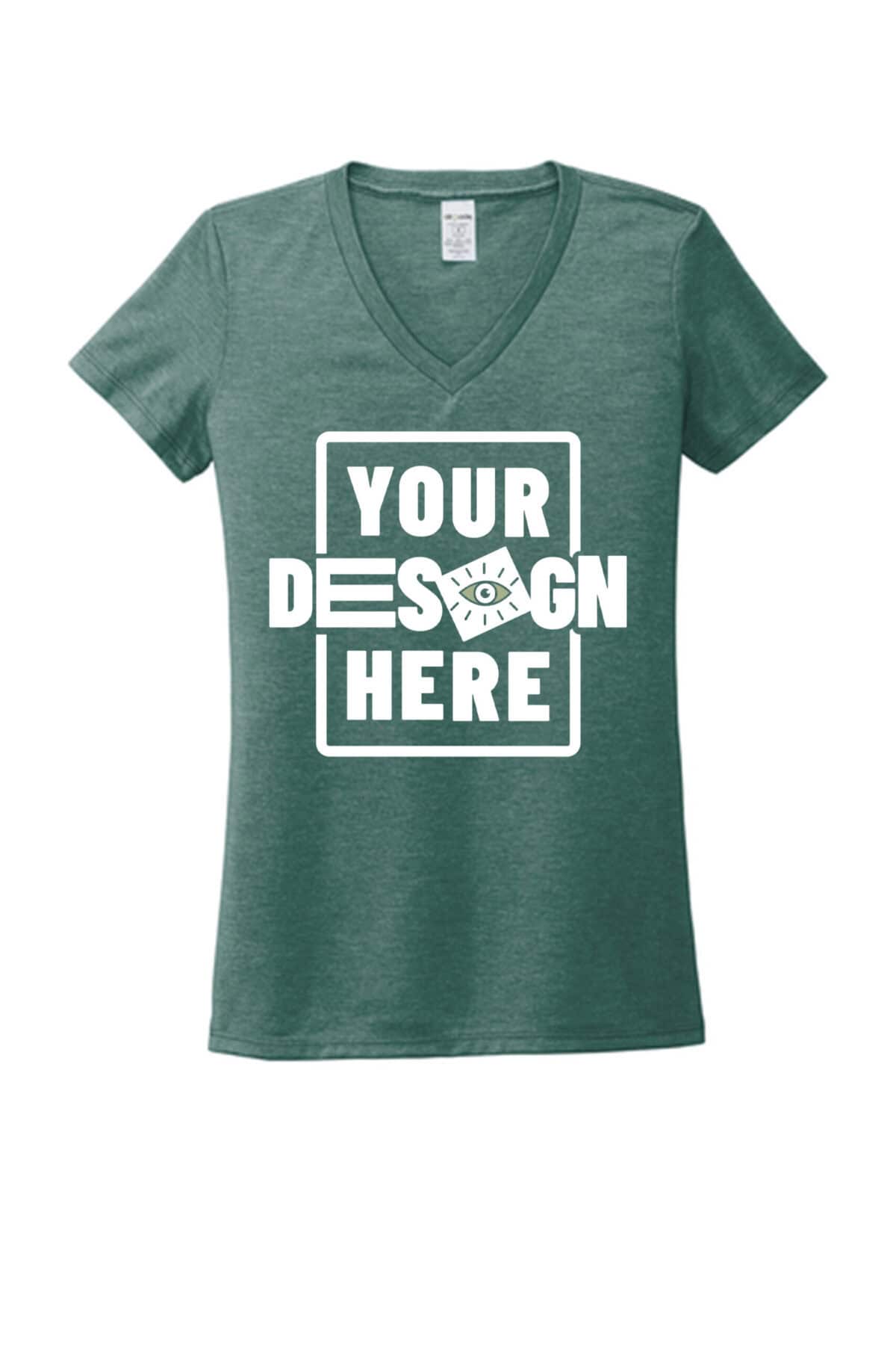 Custom green V-neck tee with customizable design space for branding or artwork.