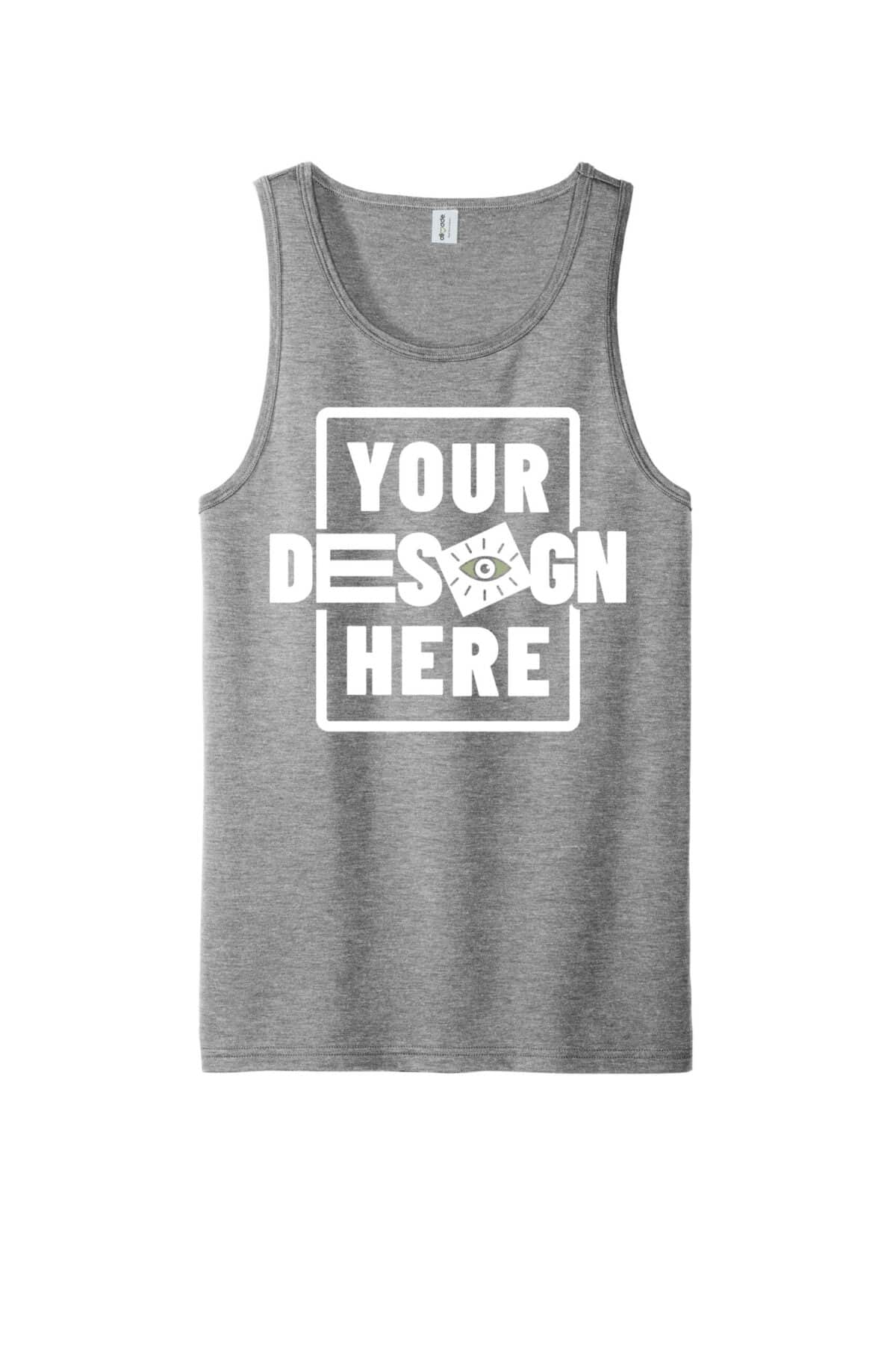 Custom grey tank top with 'Your Design Here' placeholder text for printing.