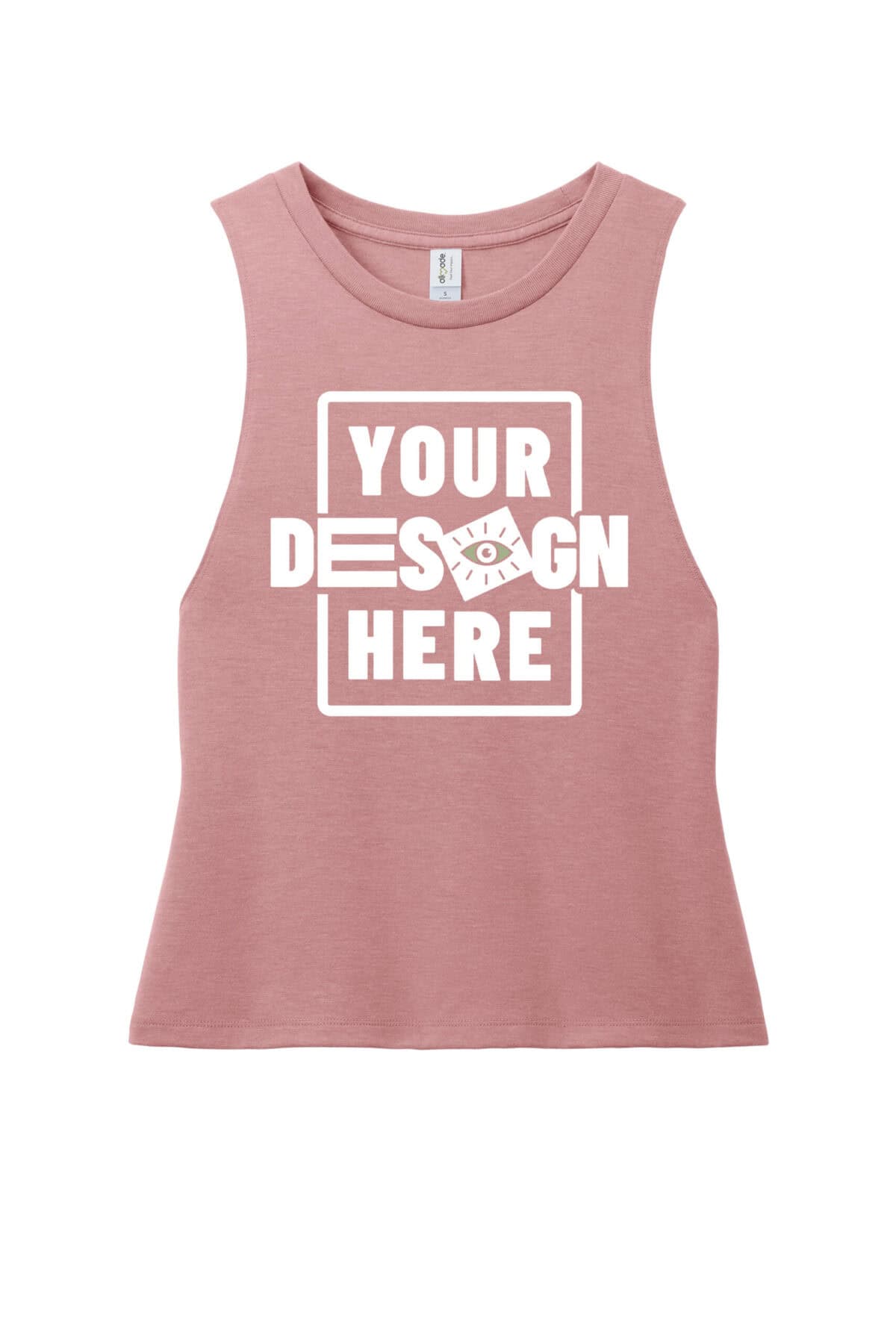 Custom pink sleeveless tank top with 'Your Design Here' placeholder text.