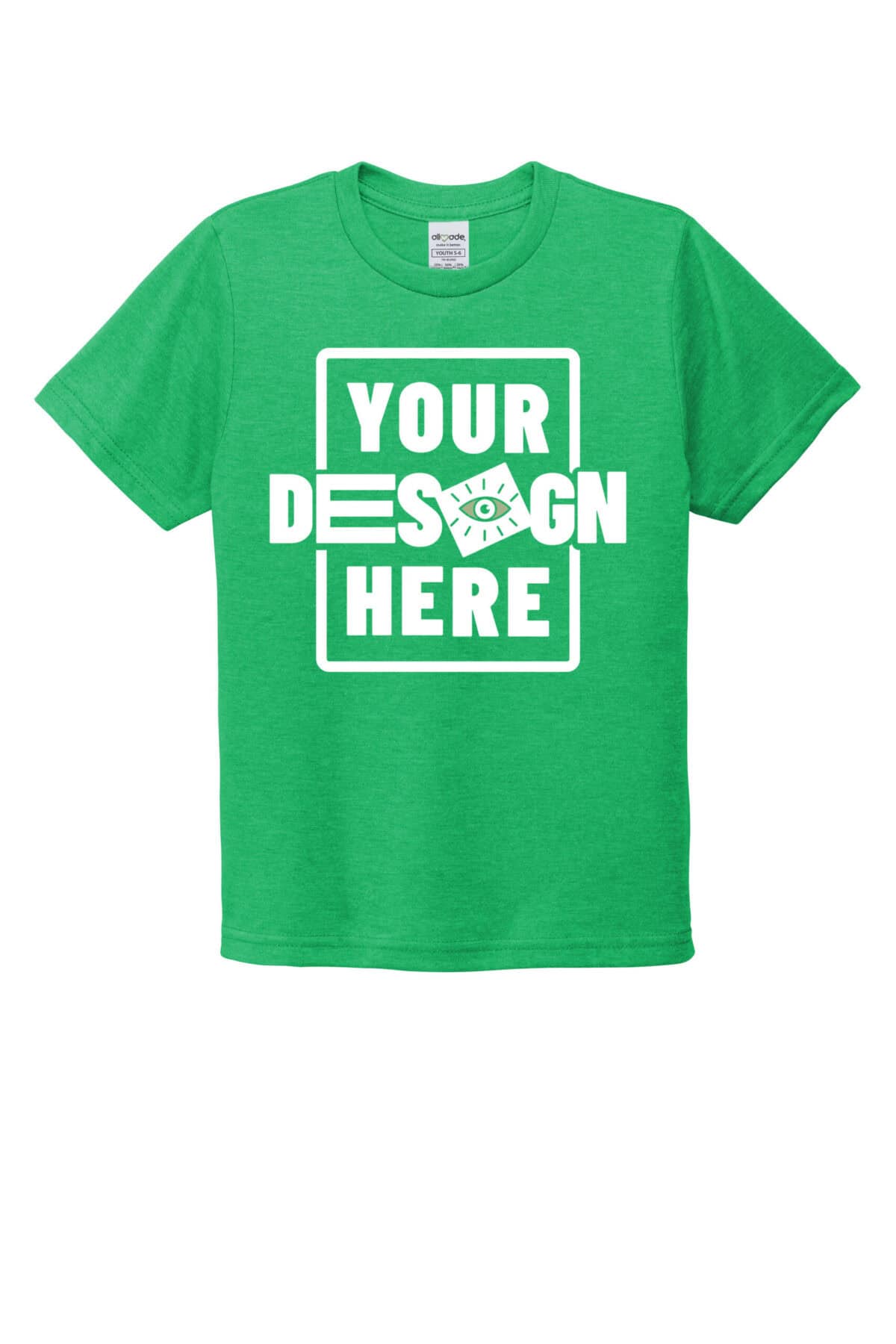 Custom green youth T-shirt with customizable design area for branding or logos.