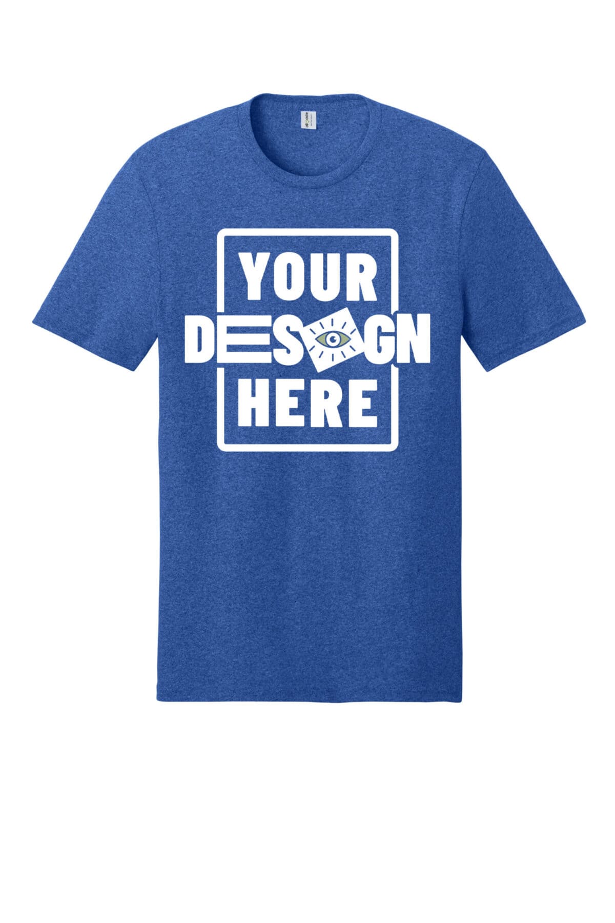 Customizable blue unisex recycled blend tee with your design placeholder.