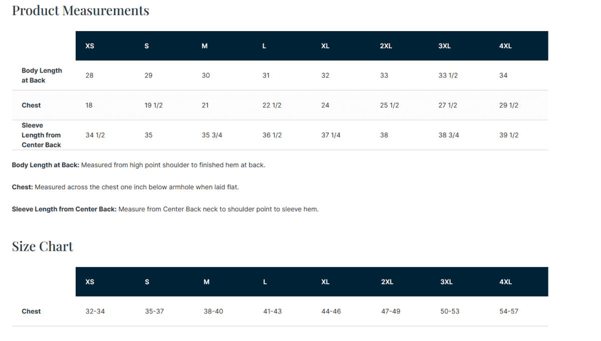 Custom Green Tees men's t-shirt size chart and measurements for various sizes.