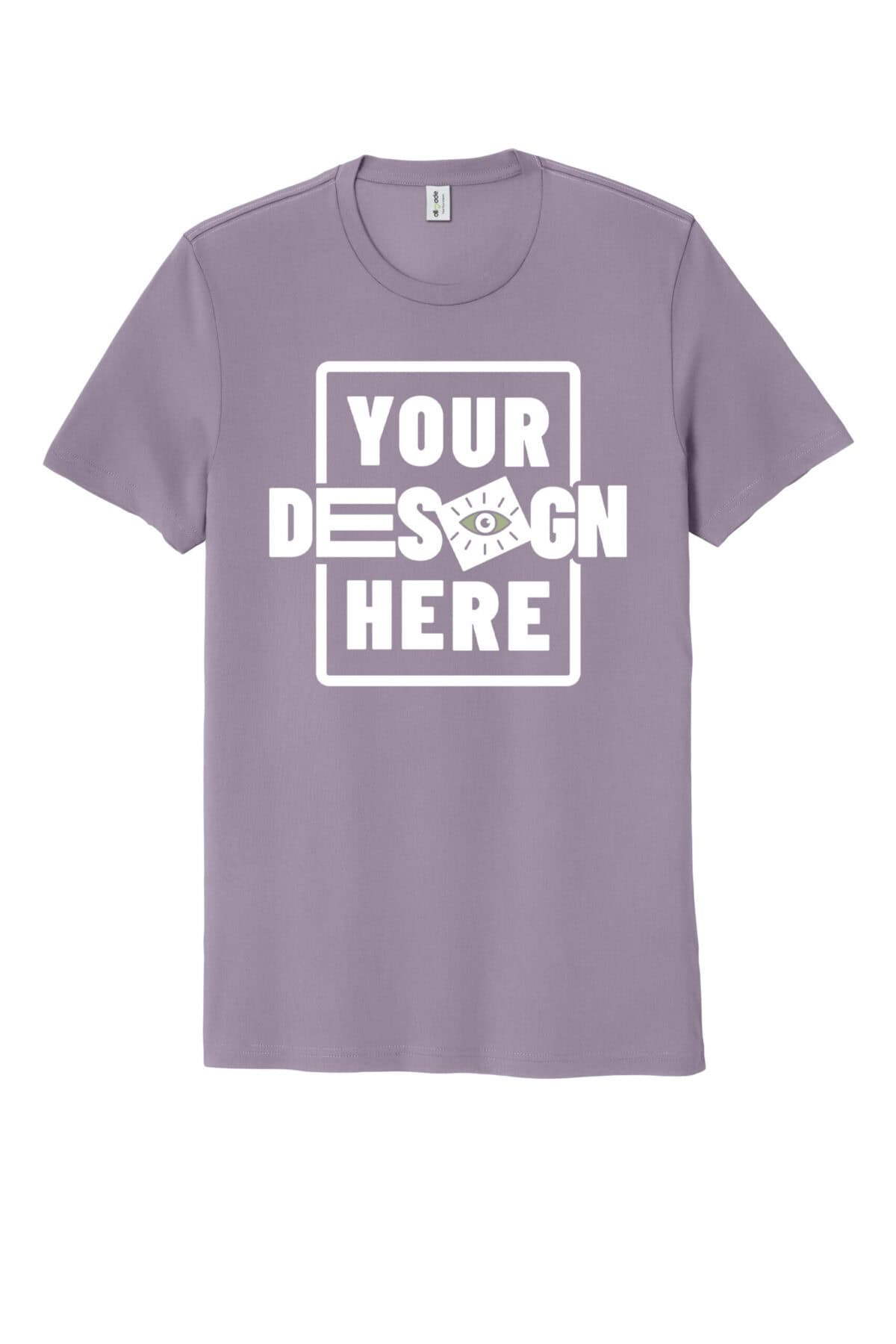 Custom lavender unisex organic cotton T-shirt with customizable design area.