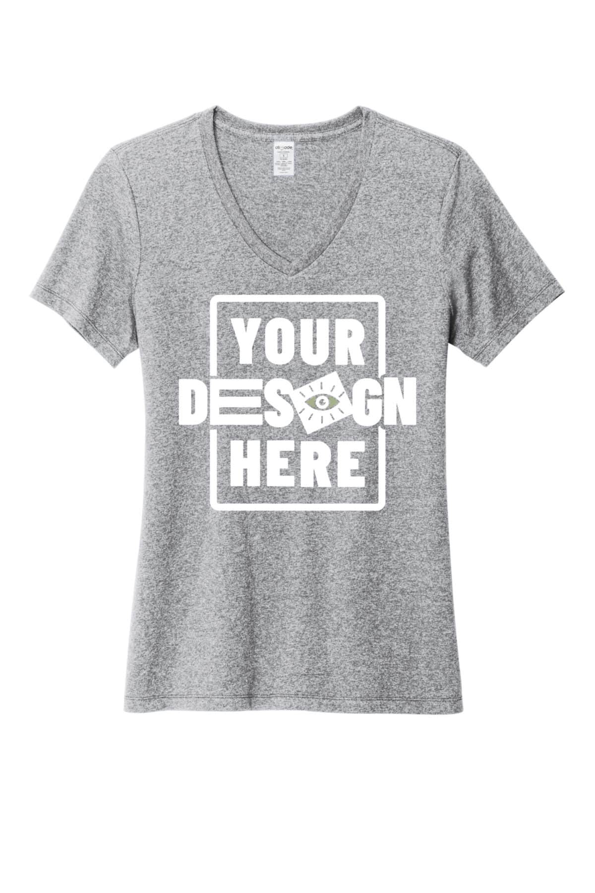 Custom grey V-neck T-shirt with customizable design area for branding.