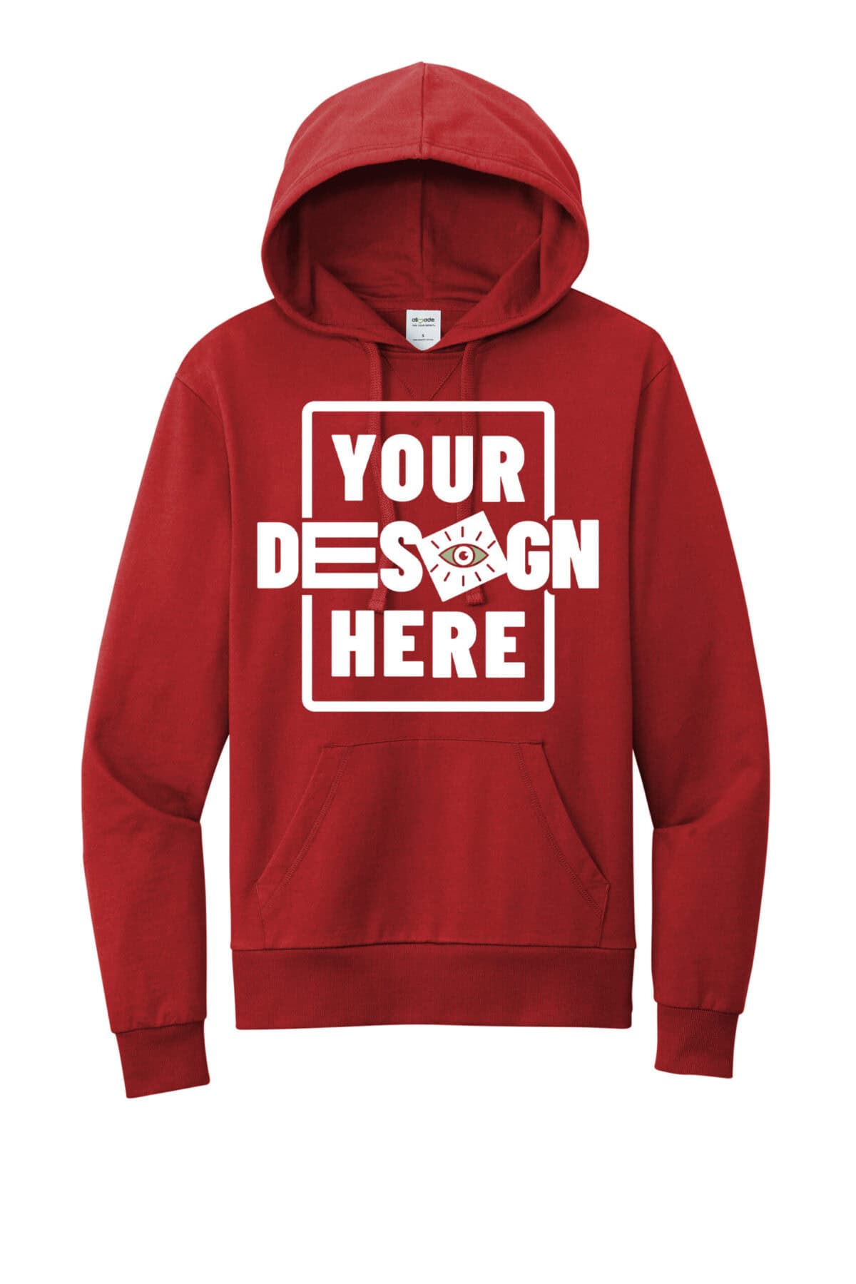 Red unisex hoodie with customizable design space for branding or artwork.