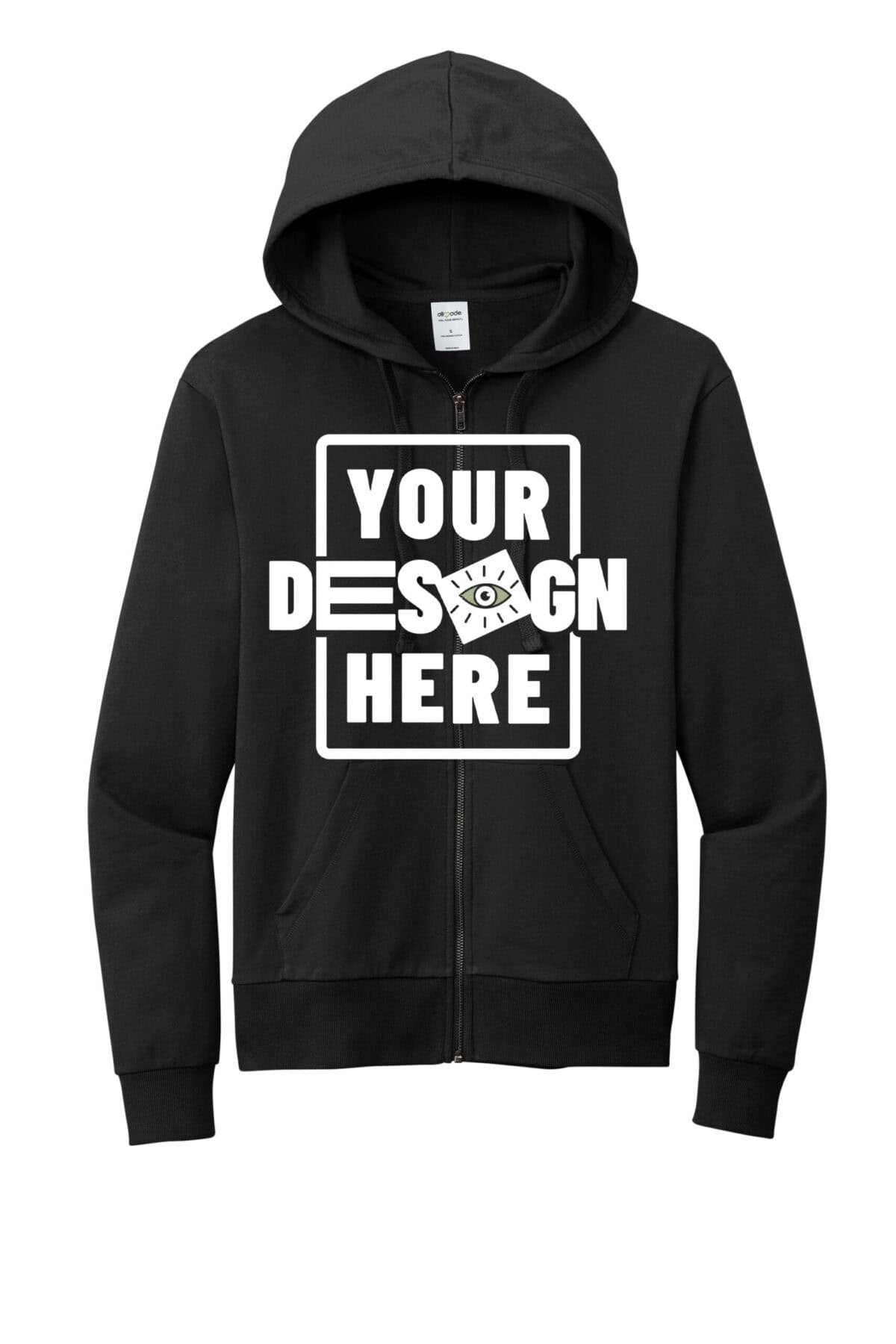 Custom black hoodie with customizable design space and eye graphic for branding.