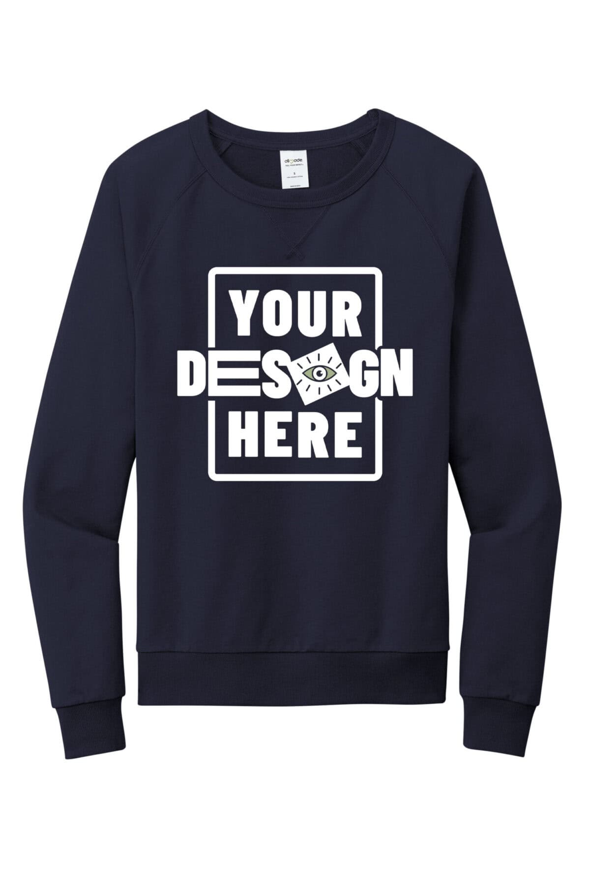 Custom green sweatshirt with placeholder text for design customization.