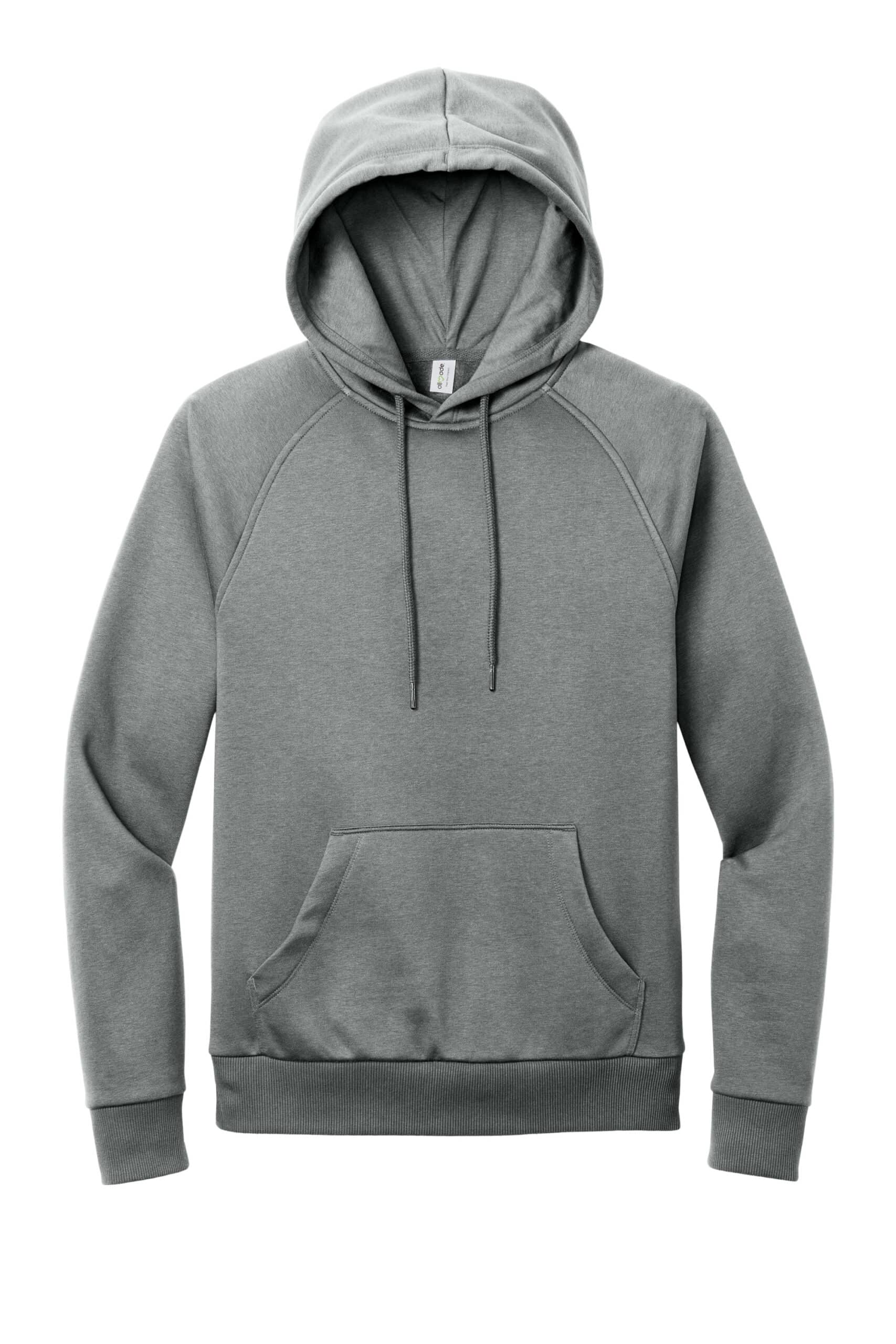 Unisex gray hoodie made from organic CVC fleece, perfect for casual wear.