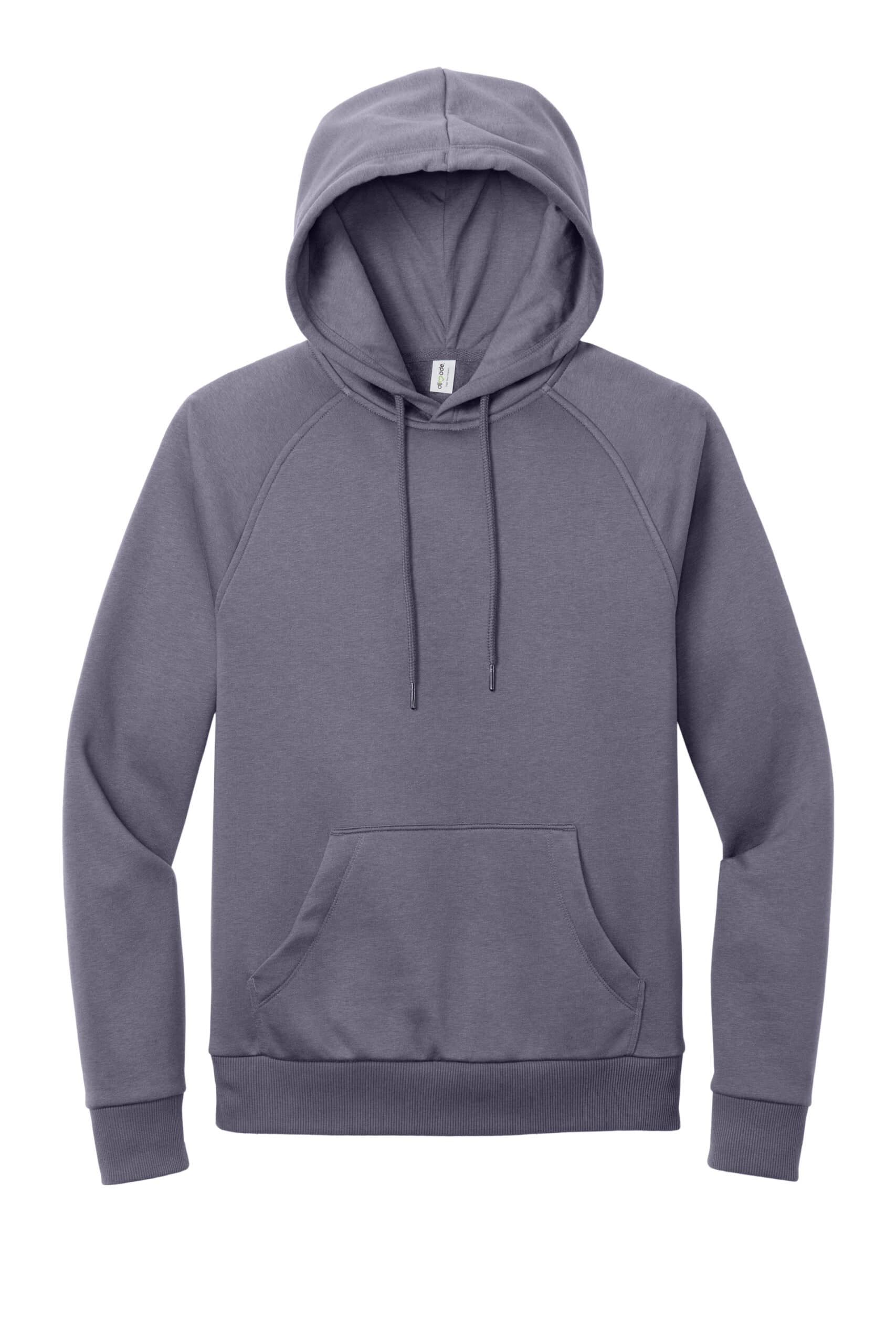 Unisex gray organic CVC fleece pullover hoodie for casual wear.