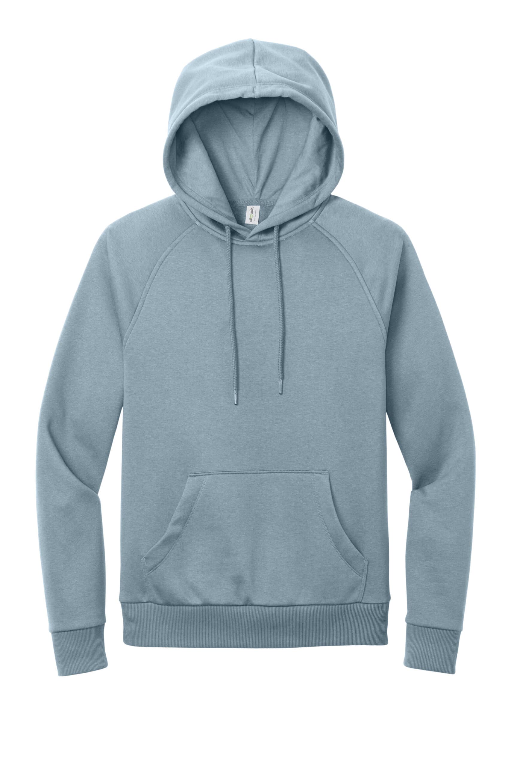 Light blue unisex hoodie made from organic CVC fleece fabric.