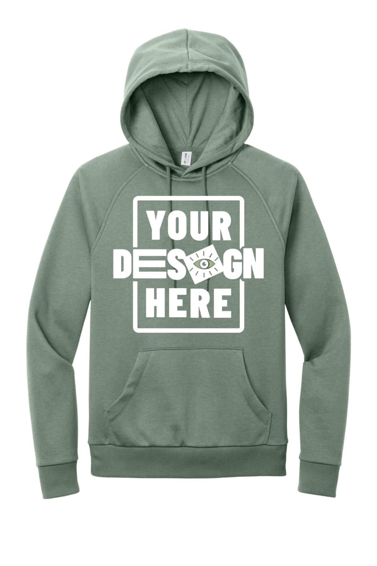 Custom green hoodie with customizable design space for branding or artwork.