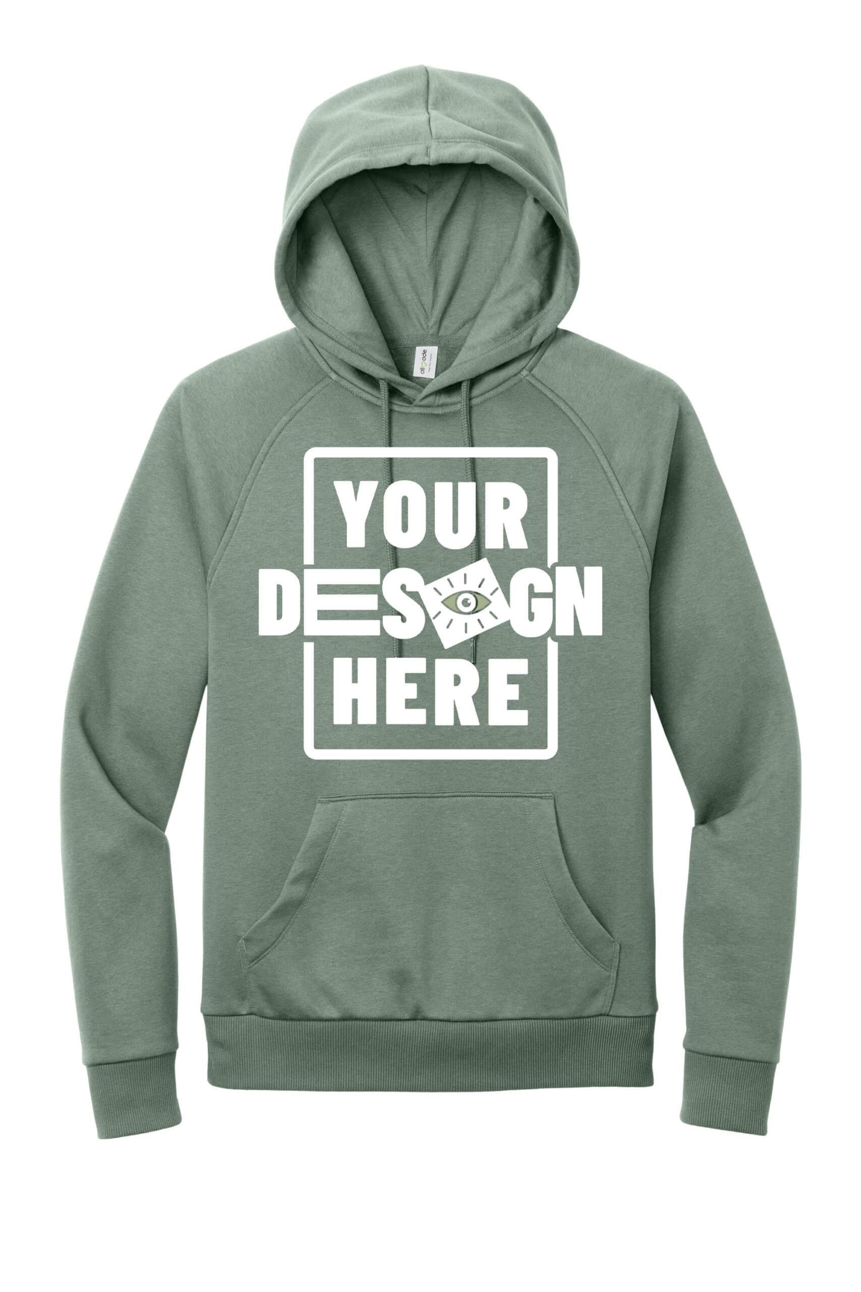 Custom green hoodie with customizable design space for branding or artwork.