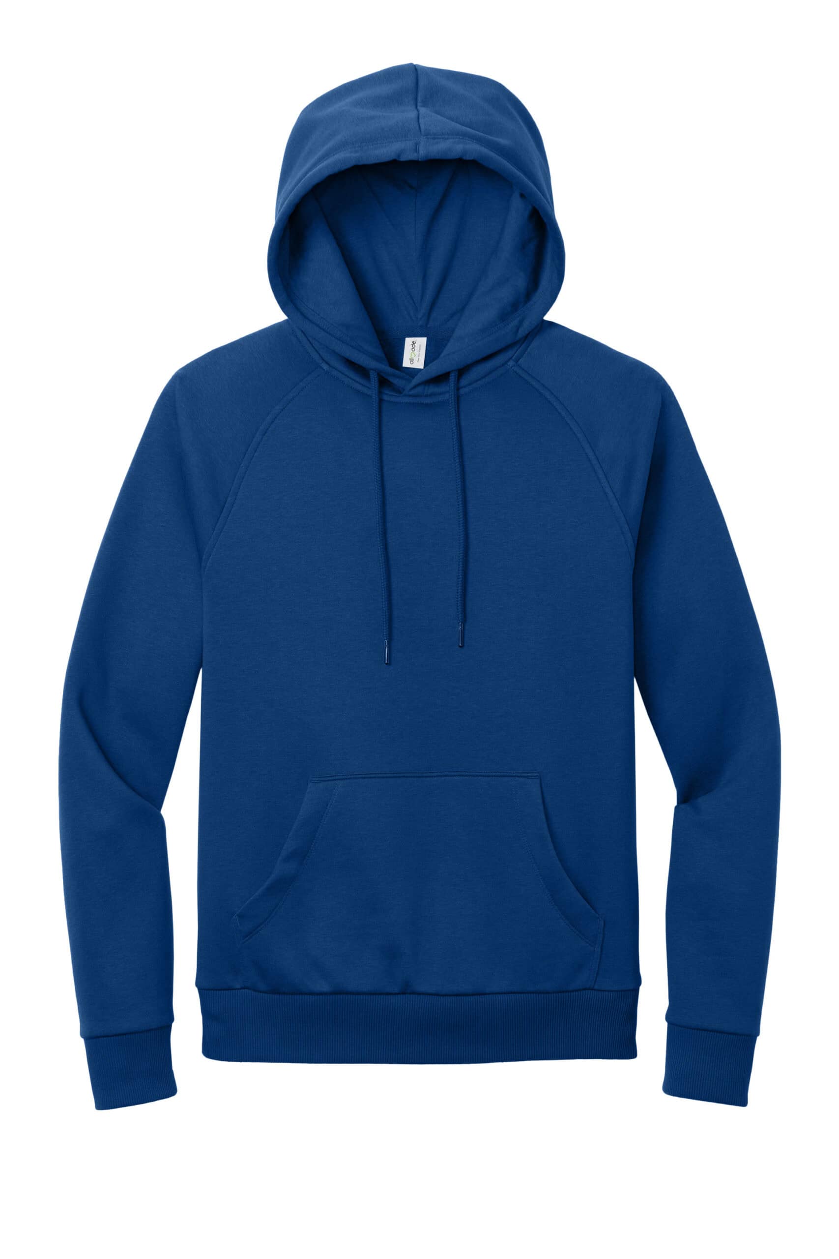 Blue unisex hoodie made from organic CVC fleece for comfort and style.