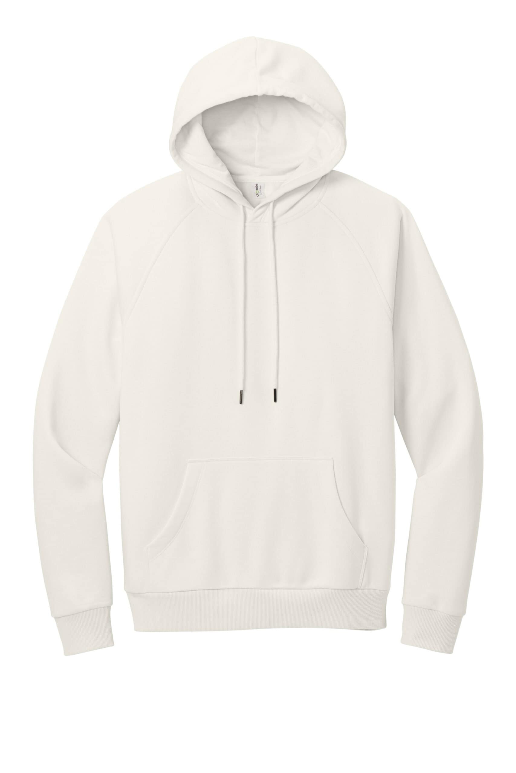 White unisex organic fleece pullover hoodie with front pocket and drawstring hood.