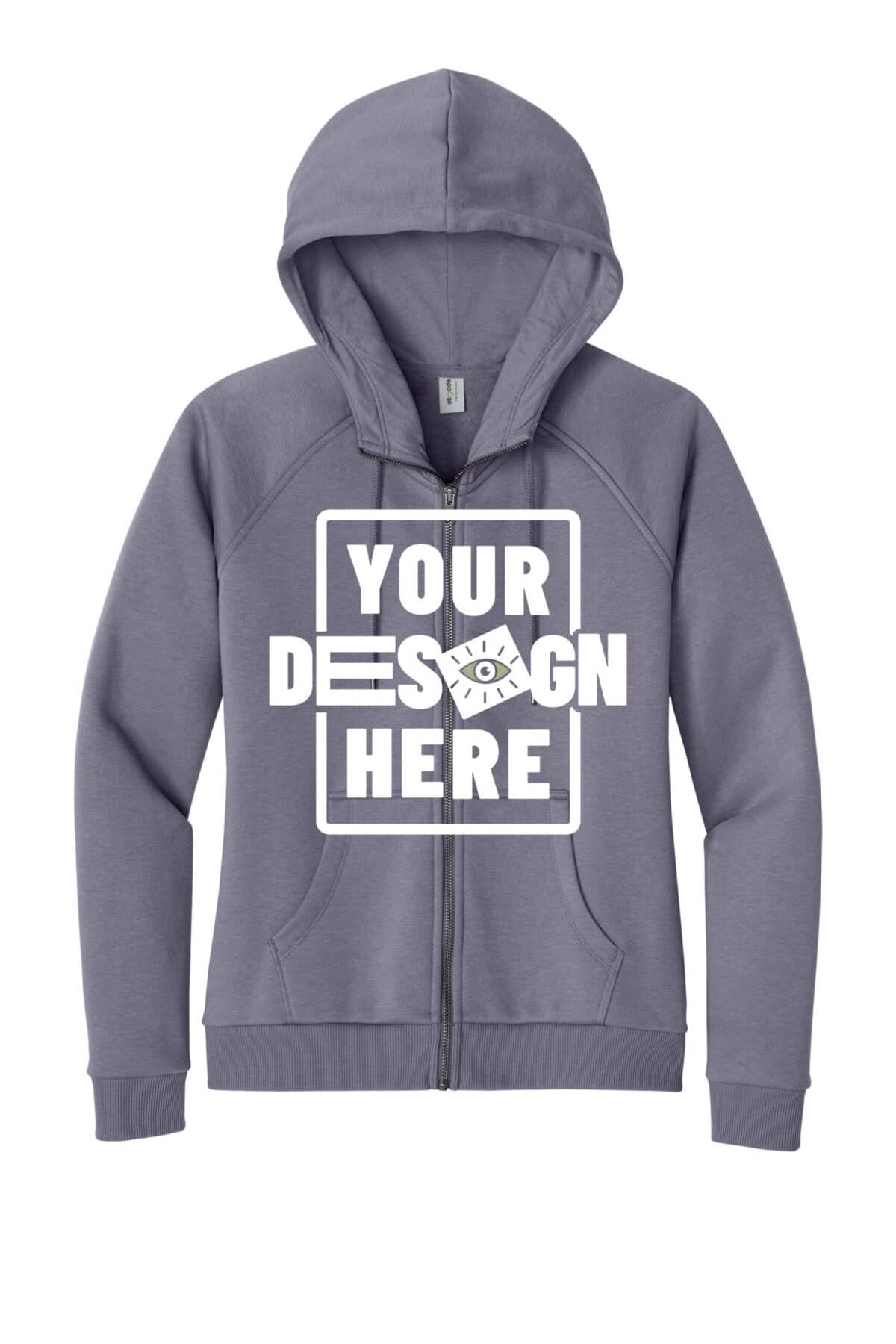 Customizable gray hoodie with front pocket and drawstring hood for personalized design.