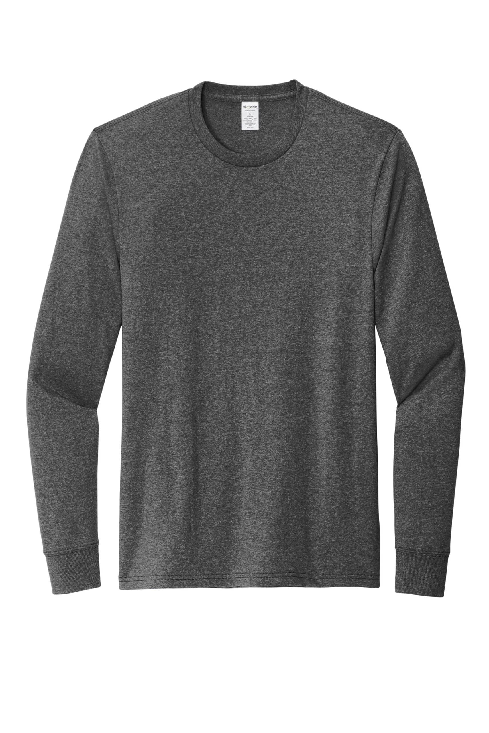 Unisex long sleeve recycled blend tee in dark gray from Custom Green Tees.
