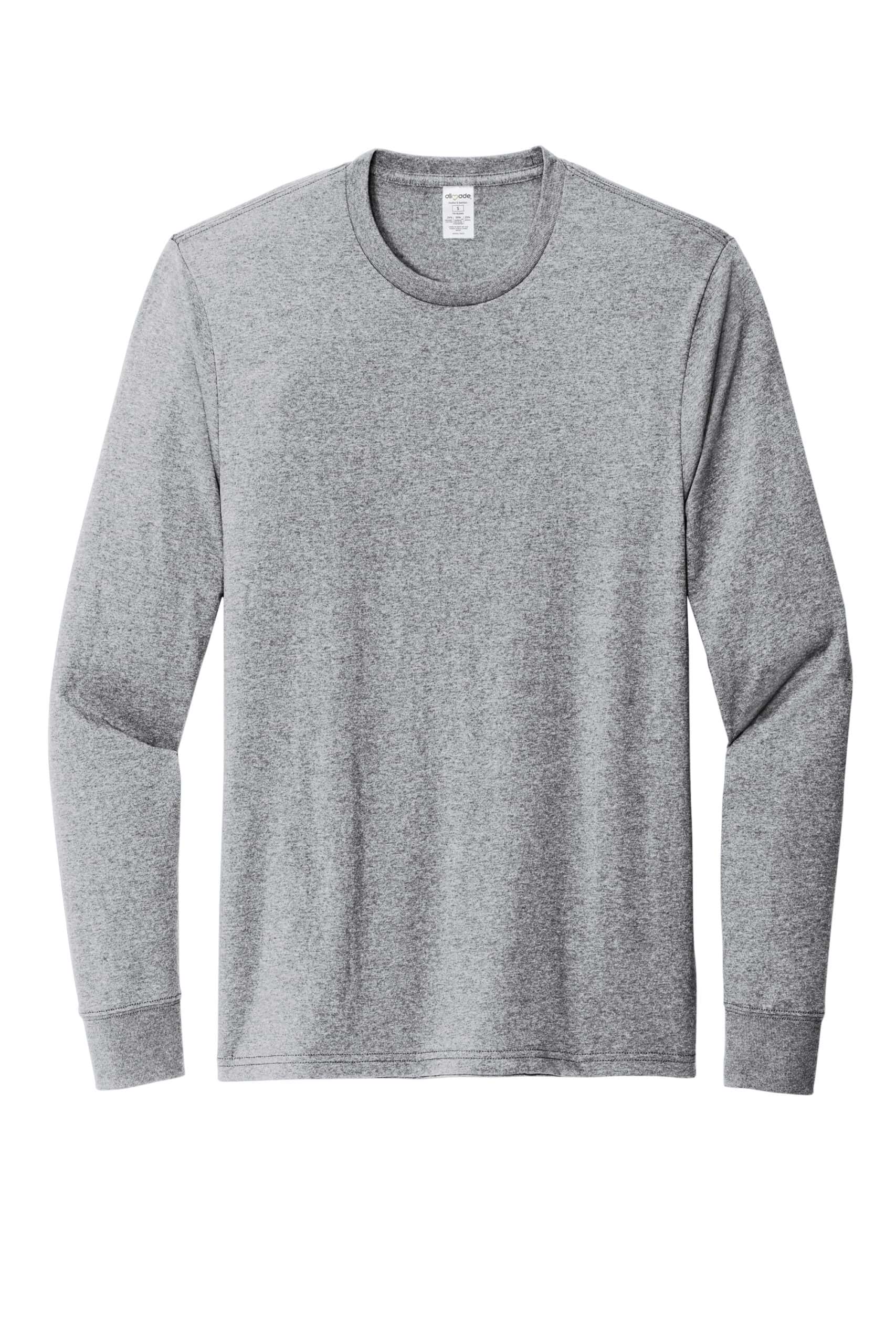 Unisex long sleeve recycled blend tee in heather gray from Custom Green Tees.