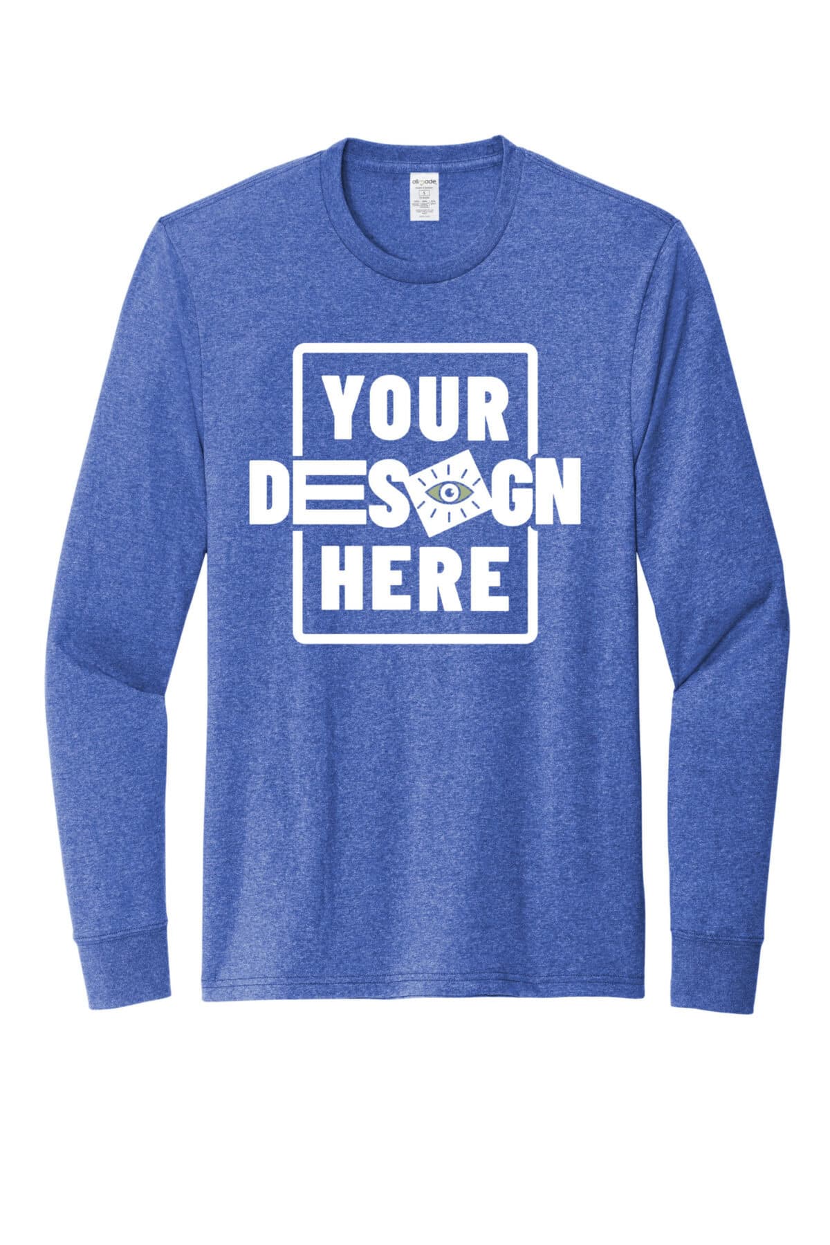 Customizable blue long sleeve recycled tee with design placeholder for branding.