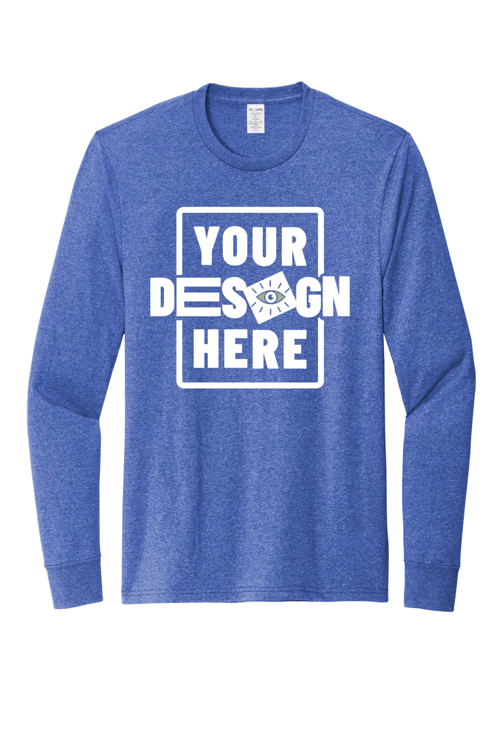 Customizable blue long sleeve recycled tee with design placeholder for branding.