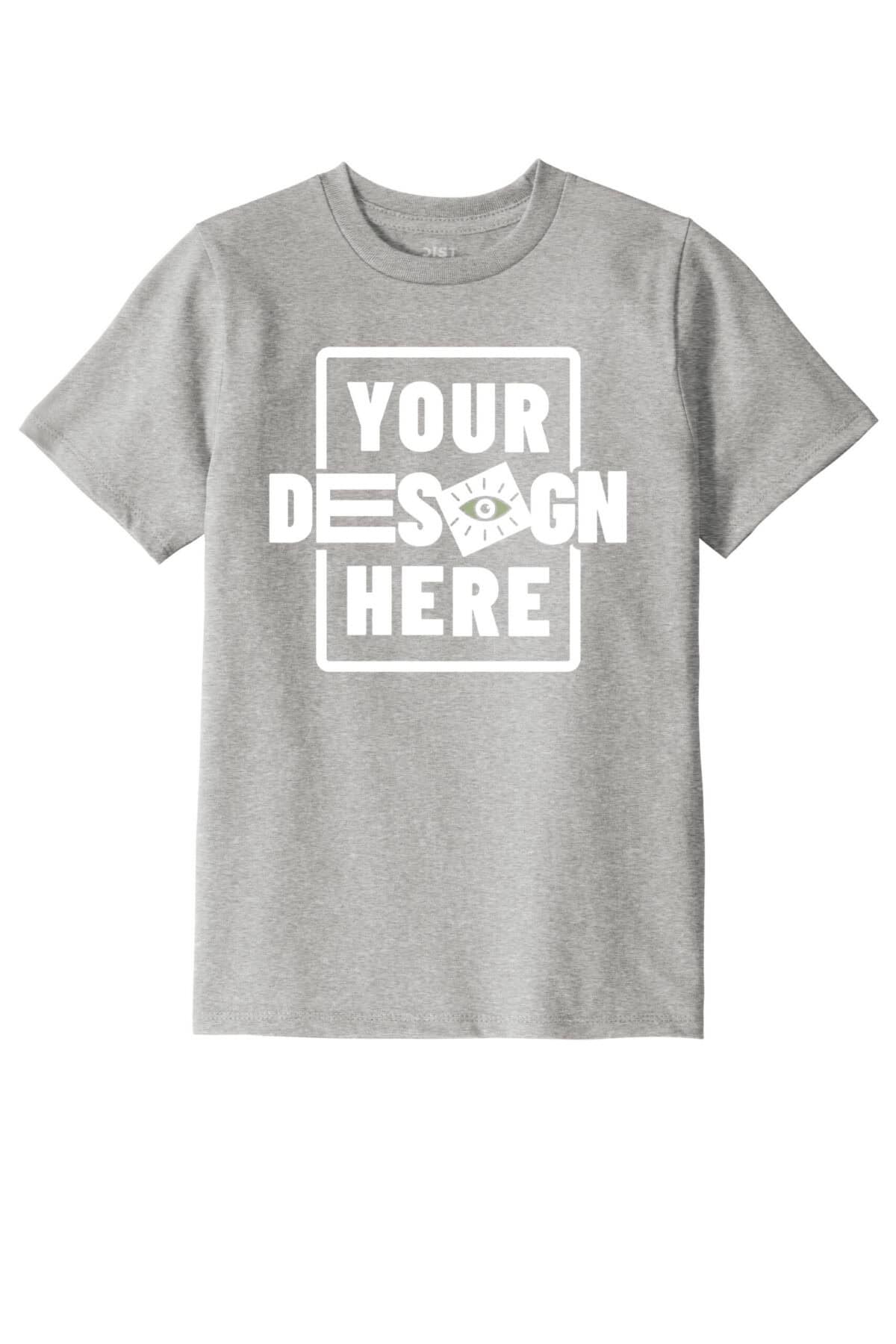 Custom grey youth T-shirt with customizable design area for branding or artwork.