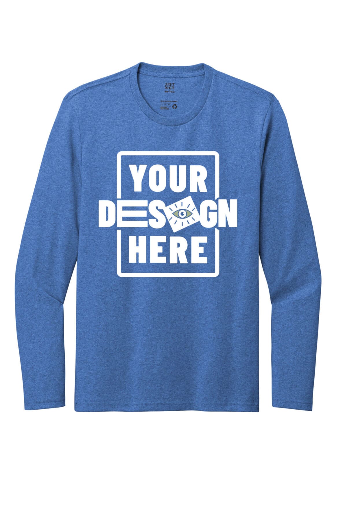 Custom blue long sleeve T-shirt with 'Your Design Here' graphic for personalized apparel.