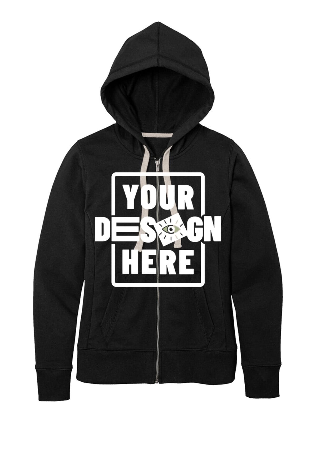 Black hoodie with customizable design area for branding or artwork.
