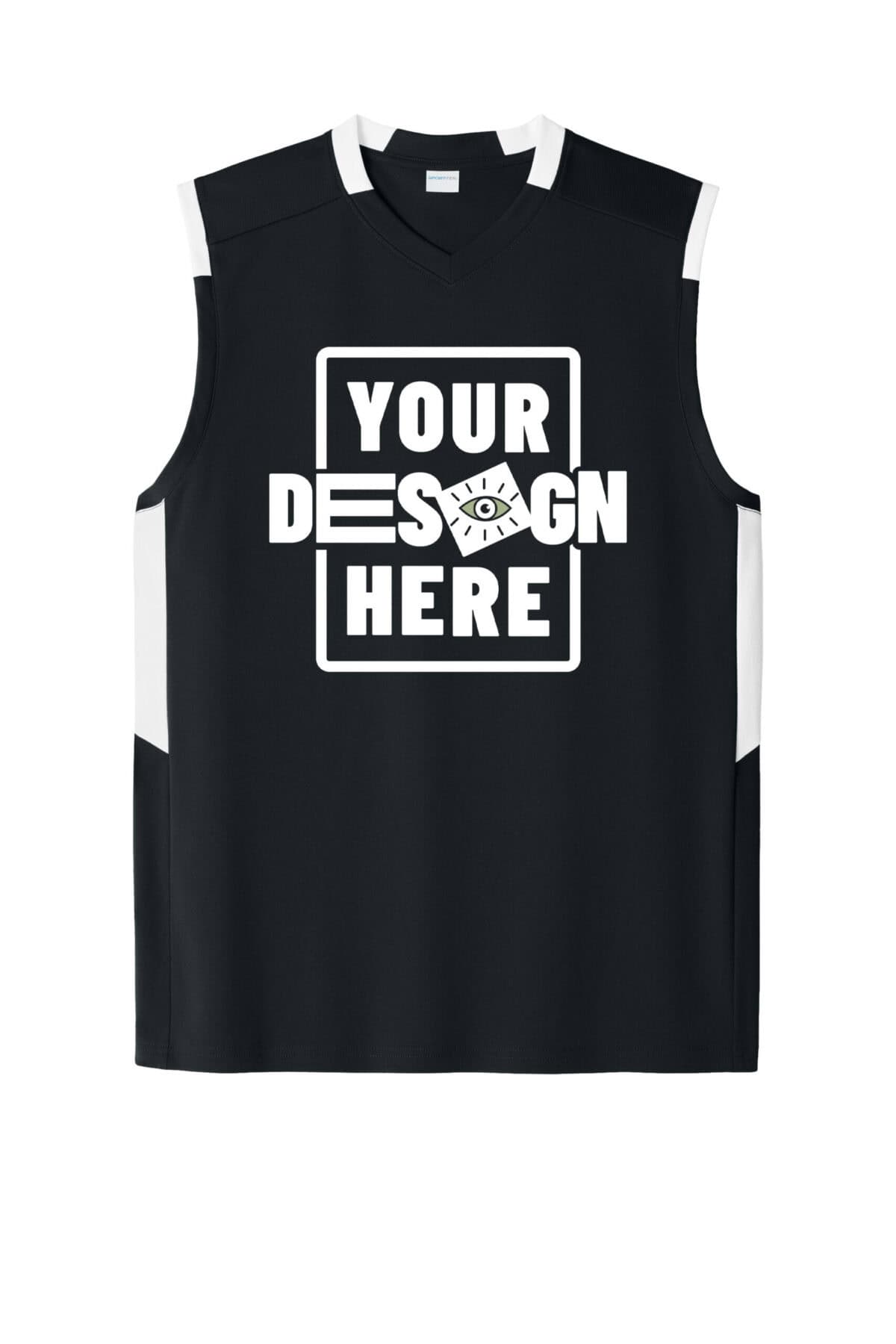 Custom green sleeveless sports jersey with customizable design area.