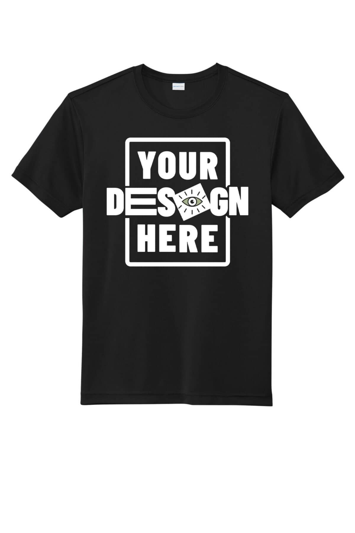 Custom black T-shirt with customizable design area for branding or logos.