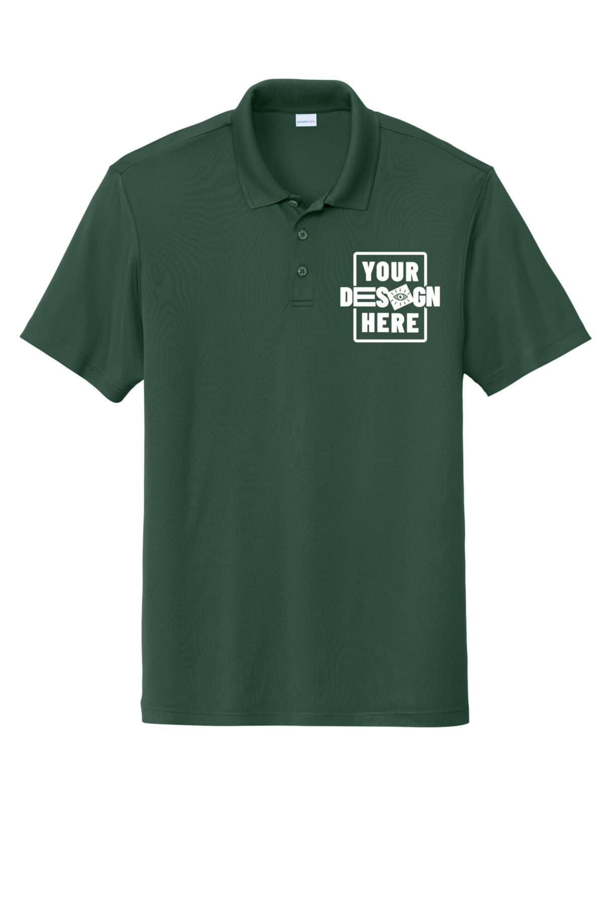 Custom green polo shirt with customizable design area for branding or logos.