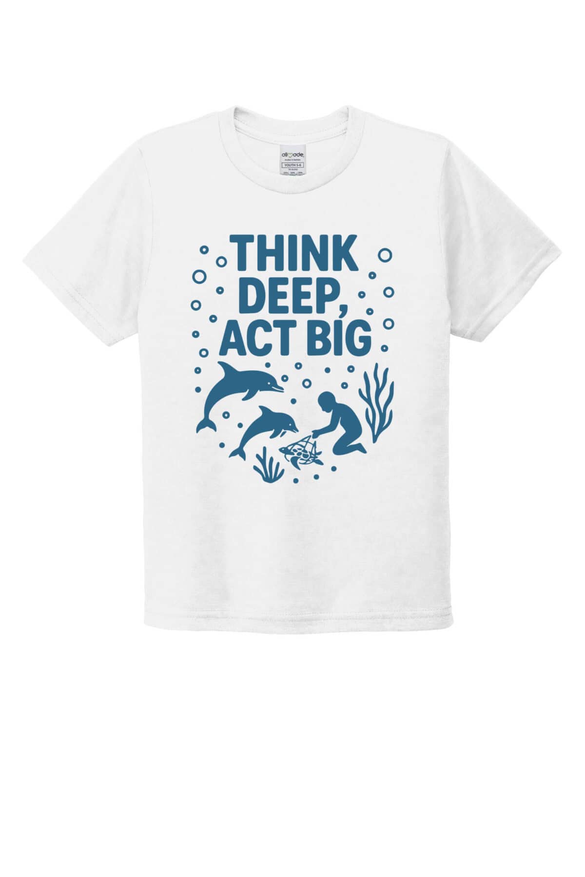 Youth T-shirt with ocean-themed design and 'Think Deep, Act Big' message.
