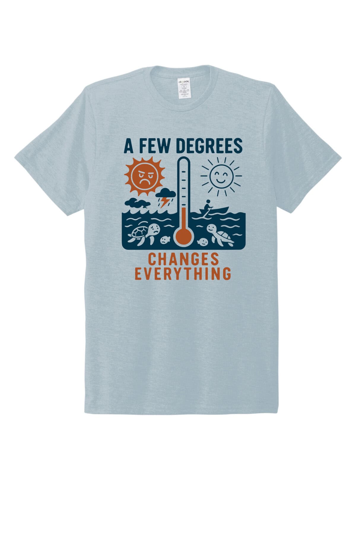 A Few Degrees support tee with sun, clouds, and ocean design in blue and orange.