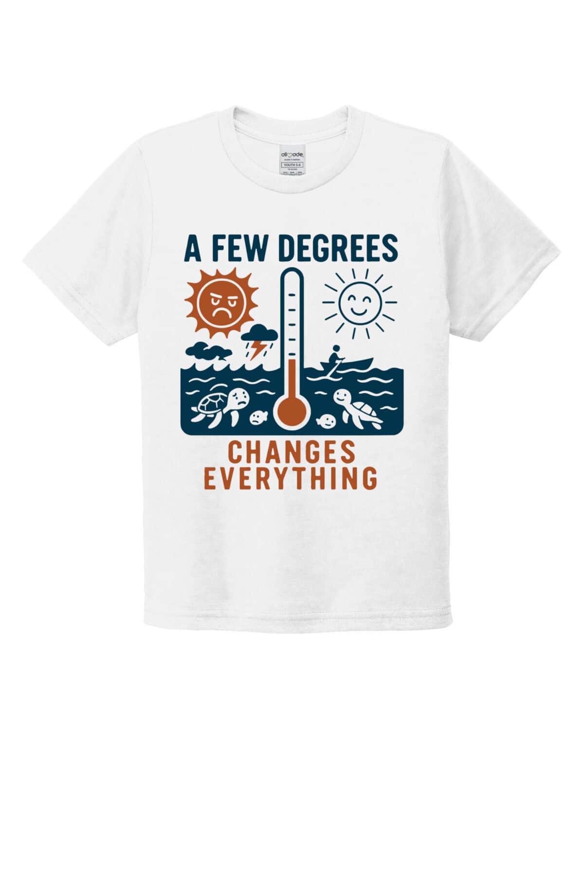 Youth T-shirt with climate change message and thermometer graphic.