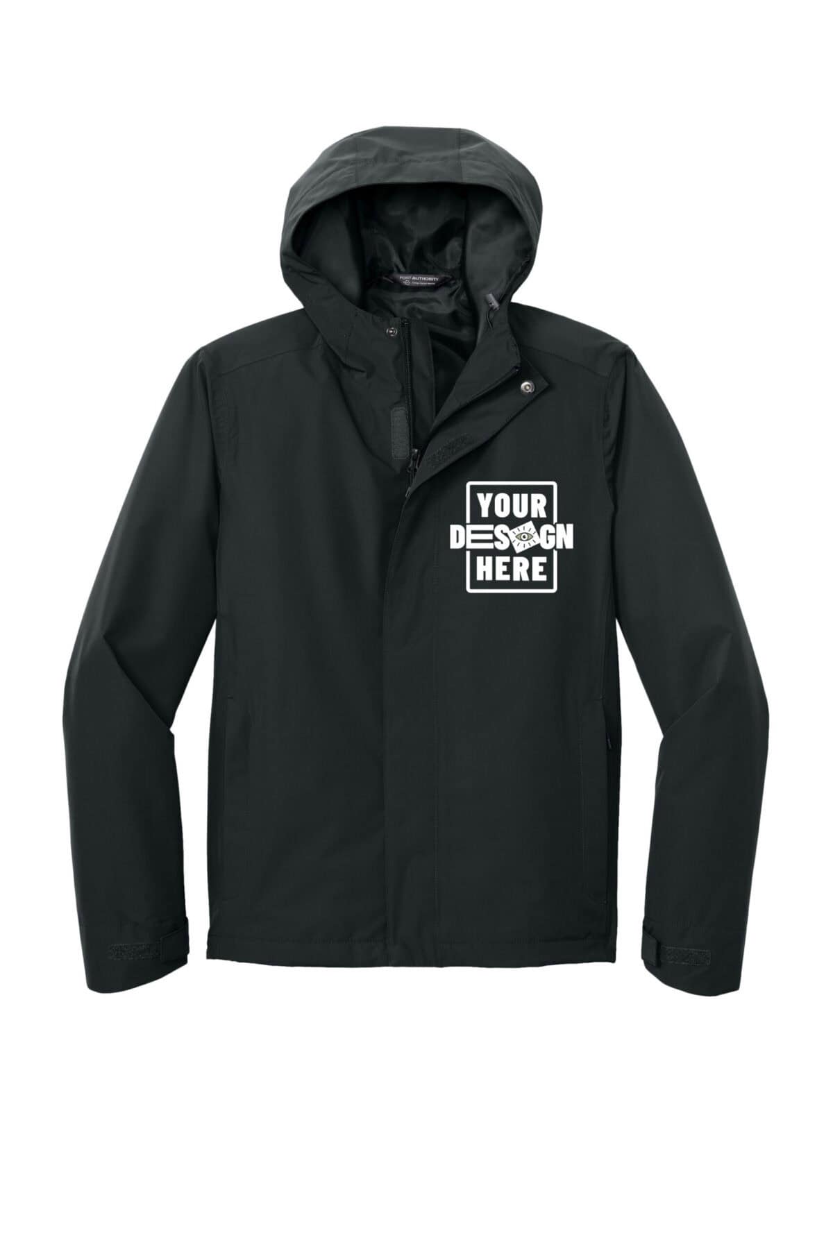 Custom green rain jacket with customizable logo area, waterproof and windproof.