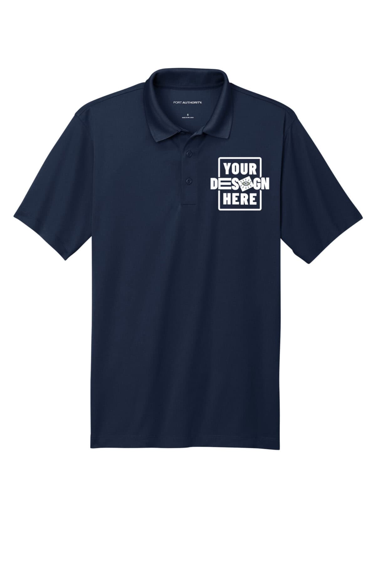 Custom navy performance polo shirt with customizable design area.