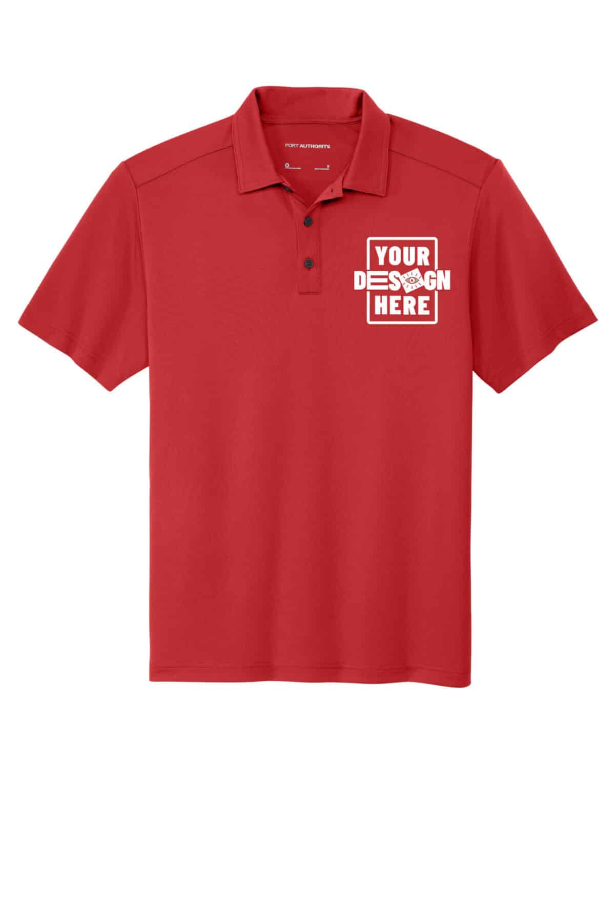 Red polo shirt with customizable logo area for branding or design.