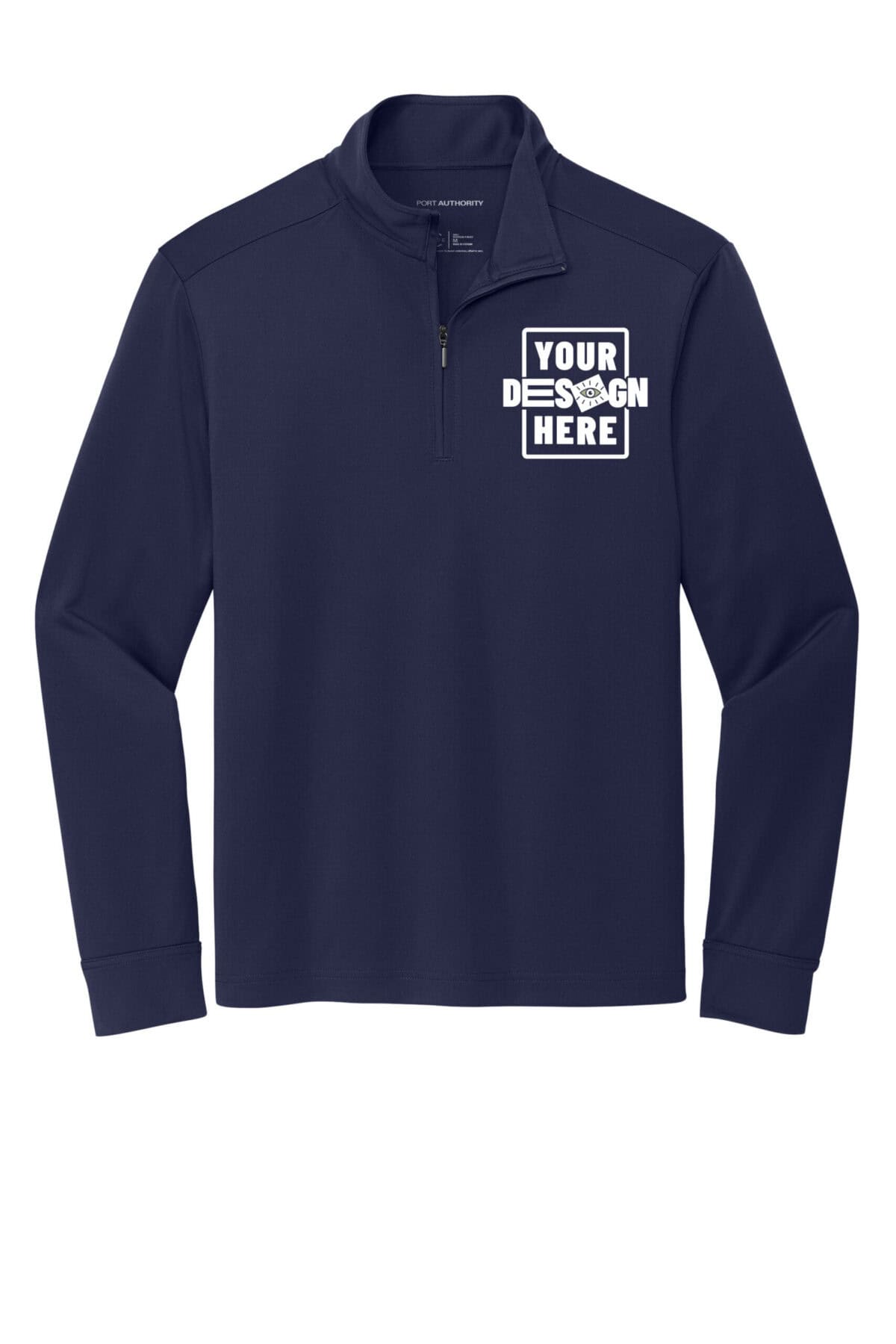 Custom navy quarter-zip pullover with customizable design area.