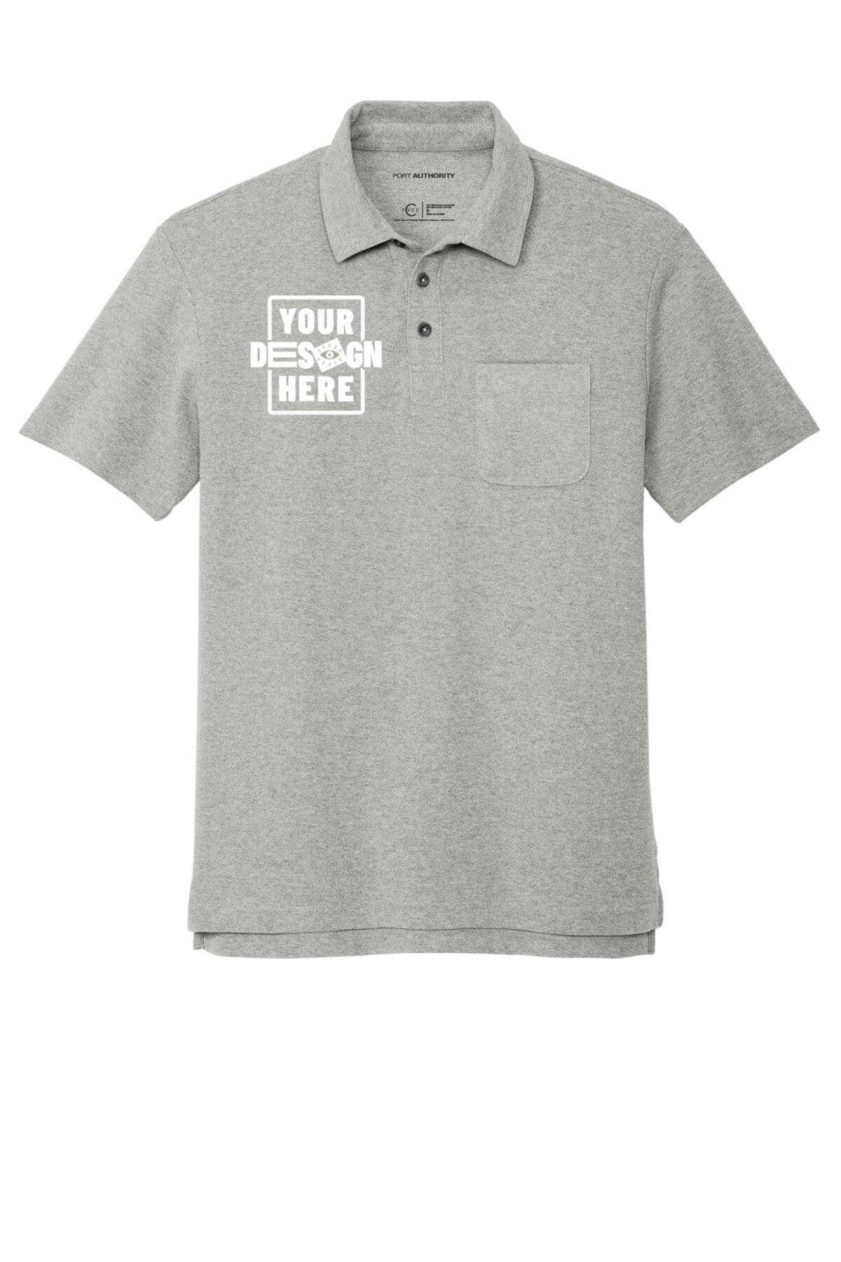 Gray polo shirt with customizable logo area on the chest.