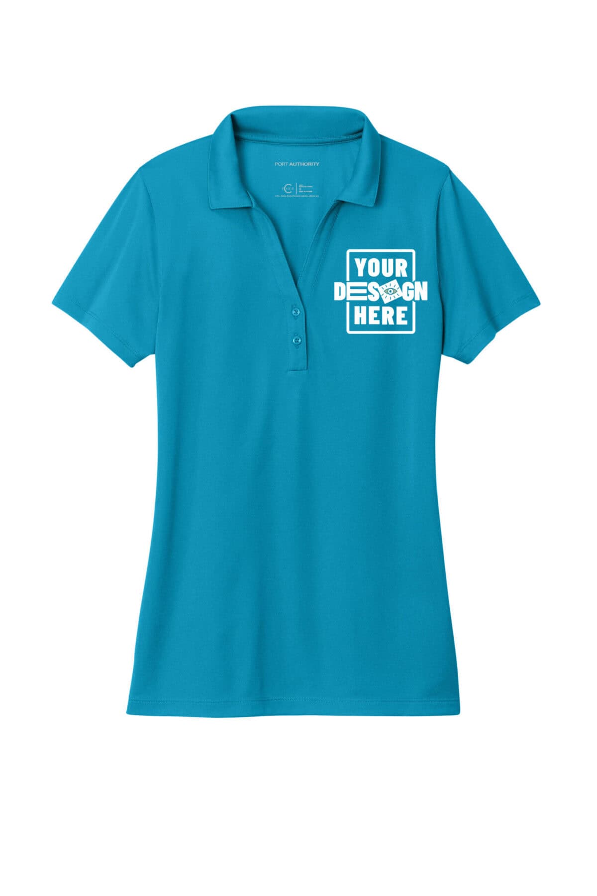 Custom green women's performance polo shirt with customizable logo area.