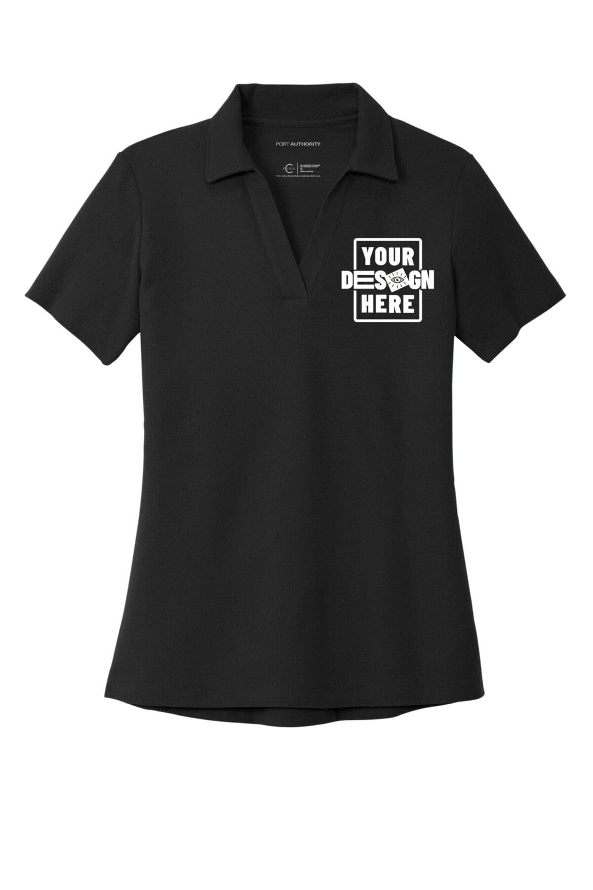 Black women's polo shirt with customizable logo area for branding.